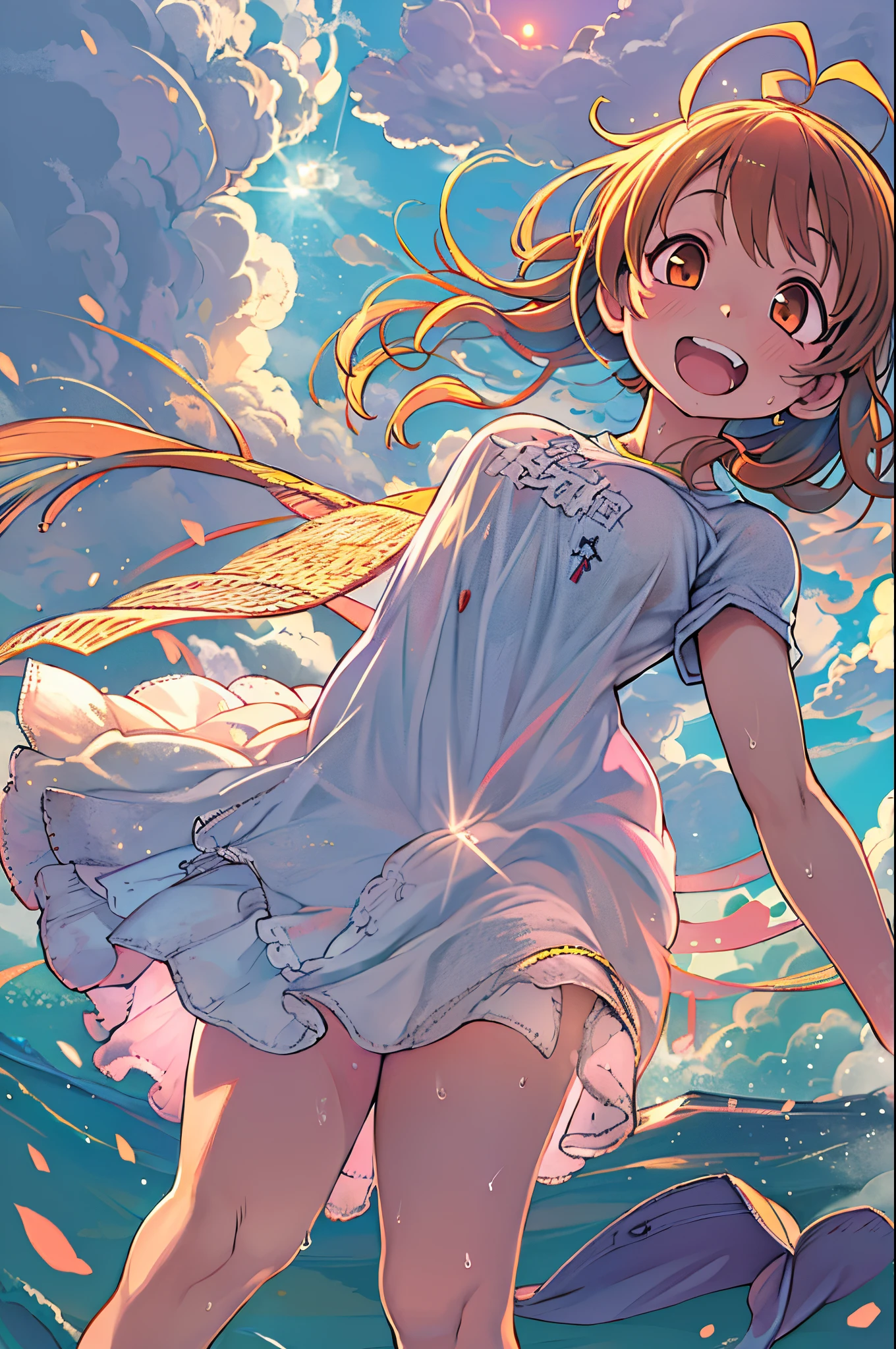 masutepiece, Best Quality, Movie Still, 1girl in, Cloud Girl, Floating in the sky, close-up, Bright, Happy, Warm and soft lighting, Sunset, (sparks:0.7)