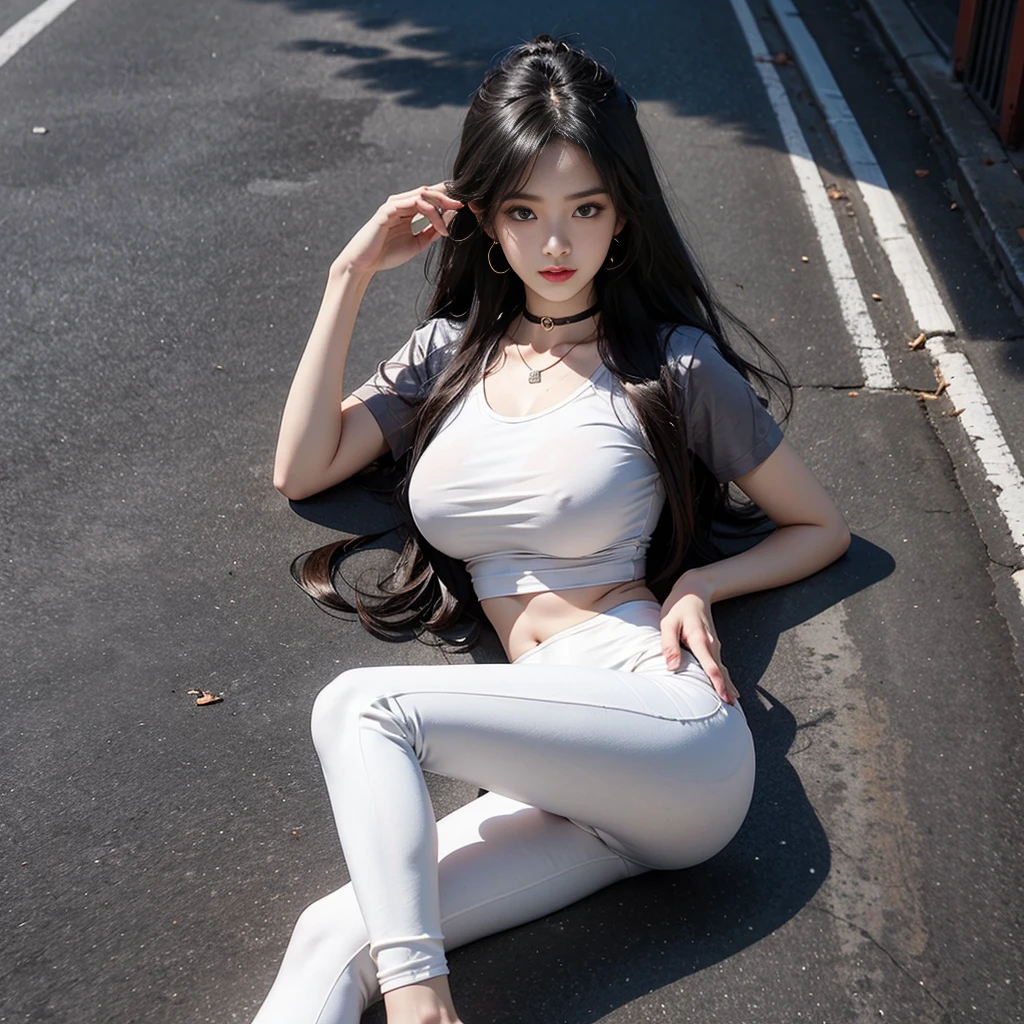 ((Better Quality)), ((tmasterpiece)), (detaileds:1.4), short white-hair,smil,cream leggings sweatpants,White T -shirt,Grow legs,camel fingers,large boob,Large bust,areola is visible,choker necklace,手链,lying on the road,Ass,The large, large round,Sexy、Long black hair、Anatomically perfect limbs