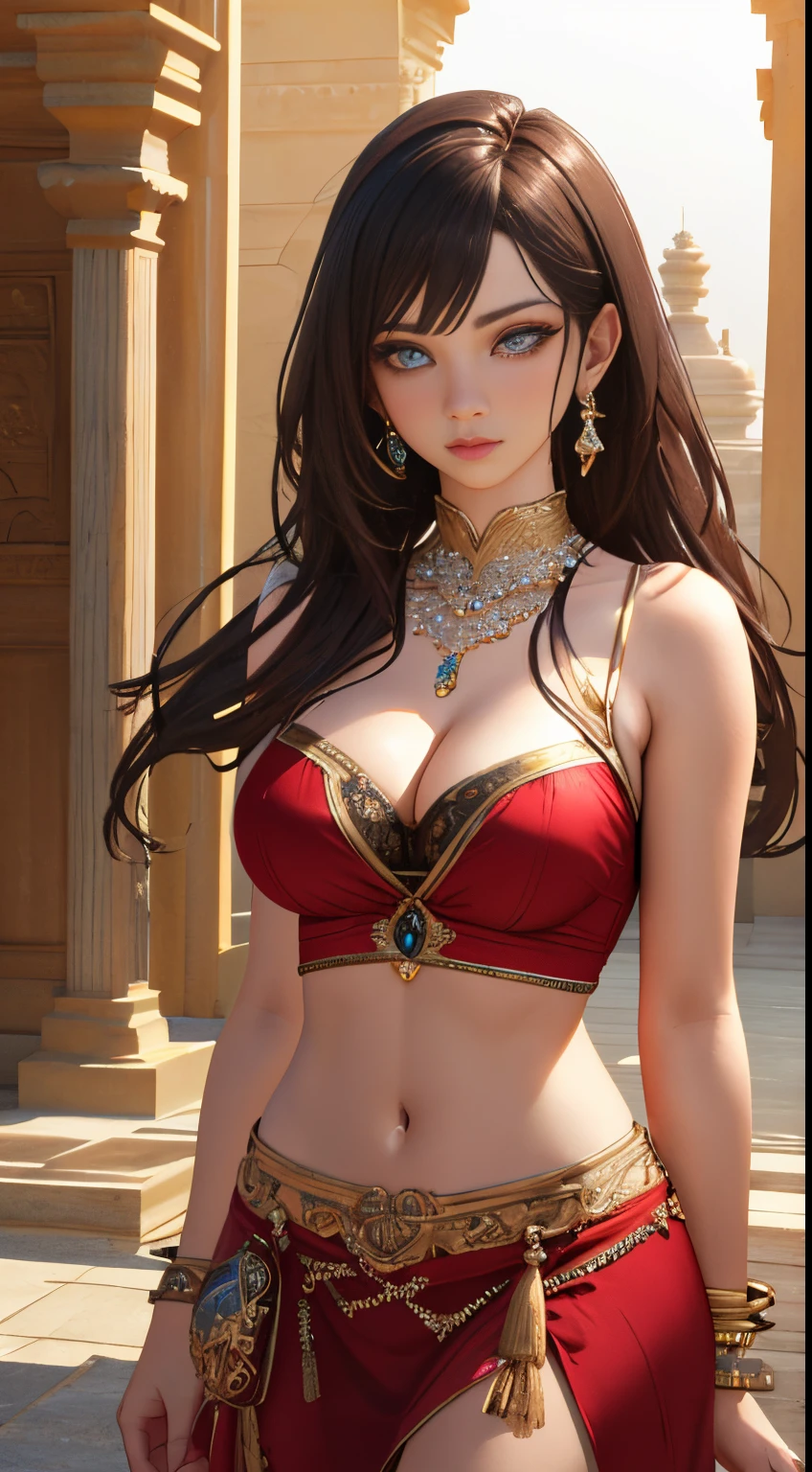 Skyland temple, (photorealistic:1.4), (masterpiece, front lighting, finely detailed beautiful eyes: 1.2), masterpiece*portrait, realistic, 3d face, glowing eyes, shiny hair, lustrous skin, solo, embarrassed, (midriff), absolute_cleavage, necklace, sapphire_earrings