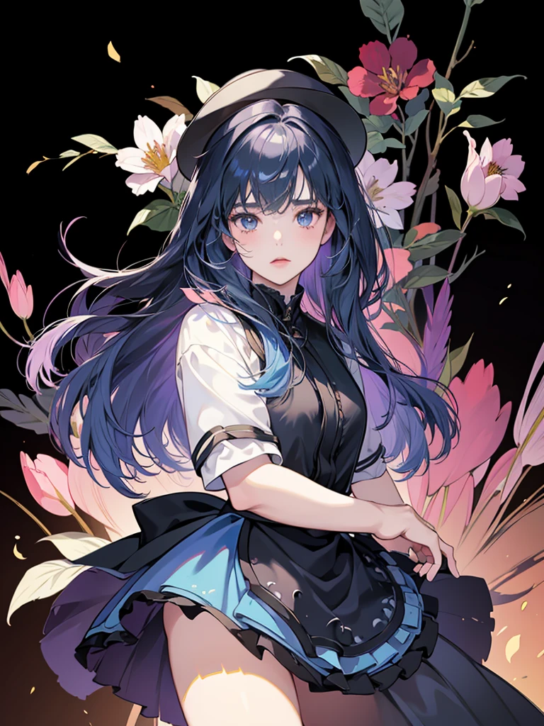 poster for，fresh flowers，closeup of face，Brutal Korean Goth Girl，Song Hye Kyo’s delicate face，Shoot down，waist up portrait，Thick acrylic illustration on pixiv，By Kawacy John Singer Sargent（john singer sargent）creation，tmasterpiece，one-girl，korean people，cold blue eyes，brunette color hair，light yellow Skin。Reddish lips，beautiful  face，high high quality，8k，hyper-detailing，The latest pixiv illustrations，Dynamic poses and gorgeous light and shadow，with black background
