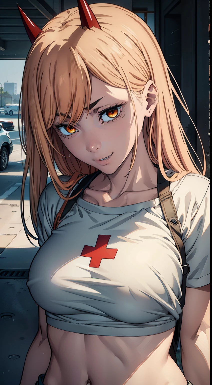 sweatshirt with frost, ultra sharp image, Beautiful figure, little chest, Beautiful little breasts, sexypose, Mouth open in a smile, sharp teeth, laughting, holding on to his stomach, ultra detail face, Ultra Transparent, Chainsaw Man Energy, Two red sharp horns on the head, ultra sharp image, Ultra Beautiful, little chest. hairlong, blonde woman, Beautiful figure, taut clothes, T-shirt with the image of a cat, jean shorts, Shoes, bright yellow eyes, Red crosses and circles instead of pupils, handsome body, sexy clothes, Beautiful eyes, very detailed eyes, Very detailed face, handsome body, Cherecter Desing, Very detailed, Detailed body, Detailed hands, Detailed, Vibrants, Detailed Face, sharp-focus, WLOP, artgerm, anime art, Vibrants, Detailed Face, Hugh Details, sharp-focus, Very drooping face, A detailed eye, super fine illustration, better shadow, finely detail, Beautiful detail