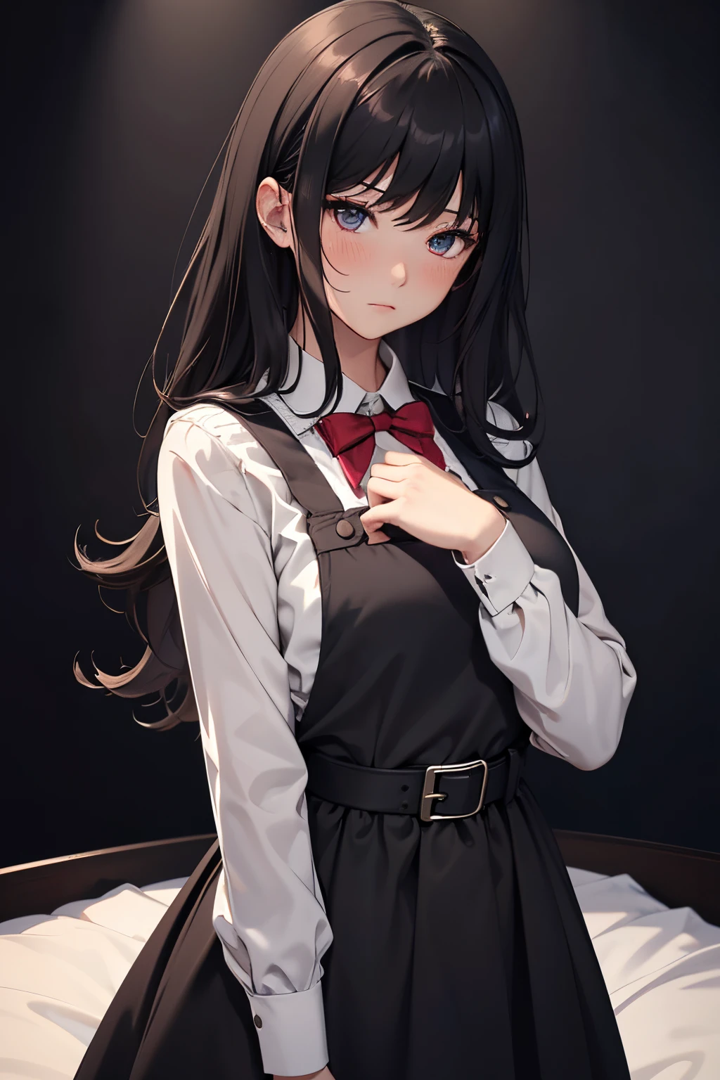 ((masterpiece,best quality)), highres, extremely detailed 8K wallpaper, depth_of_field, best shadow, (Colorful),(Delicate eyes and face), nice hand, Perfect hands, (no lighting), Ray tracing, BREAK
(1girl), touko, long hair, black hair, gray eyes, slender, skinny, medium breasts, bangs, (full-face blush), slender, skinny, BREAK,
standing, perfect hands, BPD,((black pinafore dress)),long skirt,red bowtie,belt, BREAK,
Cowboy Shots and knee, bedroom, (((night time))), ((dark backgrounds:1.6)),