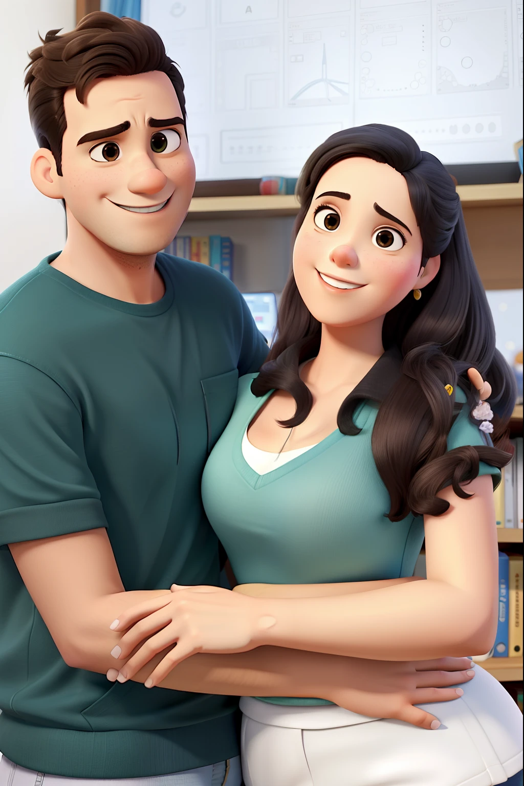 Casal jovem, estilo pixar, contra o pano de fundo de uma biblioteca