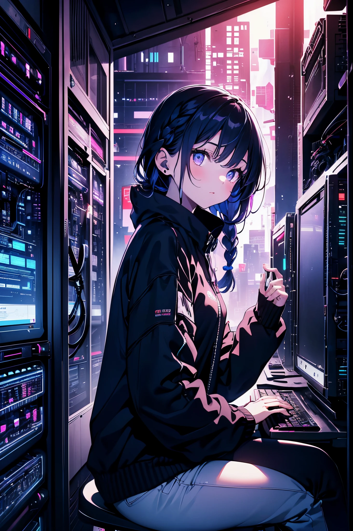 Very young girl, Black mask, White skin, code on computer, hacker style, Curve,sitting on、Seen from the side、deep purples, Dark, Hair braid, Dark blue hair, cables, Retro, Cyberpunk, data center background, dark purple theme, nightcity