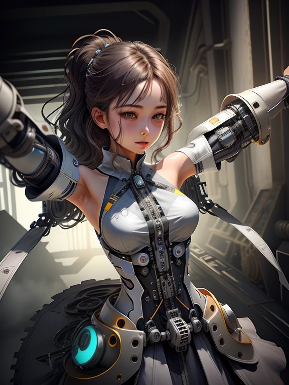 incoming hug, 1girl, solo, grey background, medium breasts, dress, body is made of half mechanical parts.