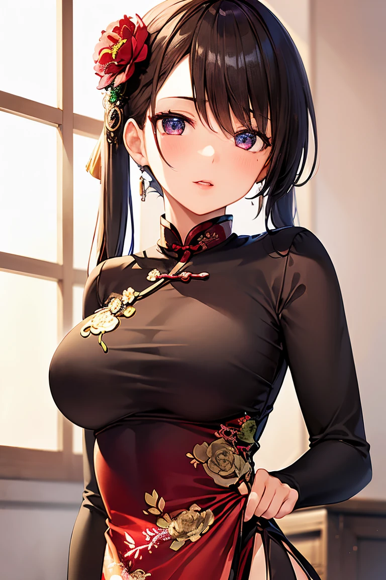 1girl in,Upper body,fashi-girl,qipao dress,chinese clothes,Hair Flower,(masutepiece:1.4),(Best Quality:1.4),(Shiny skin),Red lips,Looking at Viewer,Large breasts,Parted lips