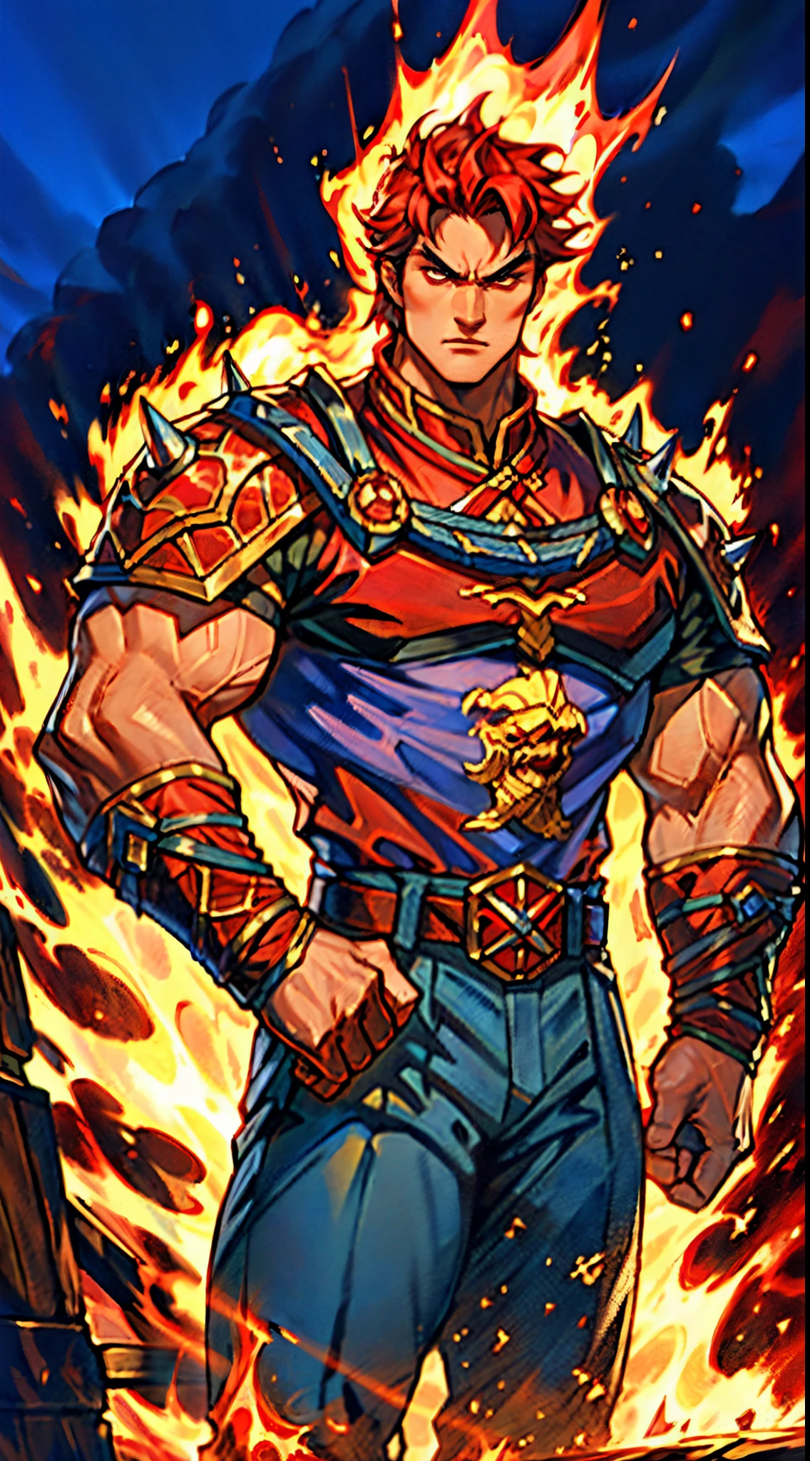 a young man, deep blue short hair, dense and voluminous spiky hairstyle, two long hair bangs, an arrogant demeanor, a fierce gaze, brown skin, simple solid-colored traditional Chinese clothing, a red belt, flowing hem, red wrist guards, coarse cloth trousers, the surrounding air distorts due to intense heat, the background depicts a volcanic crater erupting with molten lava, this character embodies a finely crafted fantasy-style martial arts in anime style, exquisite and mature manga art style, high definition, best quality, highres, ultra-detailed, ultra-fine painting, extremely delicate, professional, anatomically correct, symmetrical face, extremely detailed eyes and face, high quality eyes, creativity, RAW photo, UHD, 8k, Natural light, cinematic lighting, masterpiece-anatomy-perfect, masterpiece:1.5