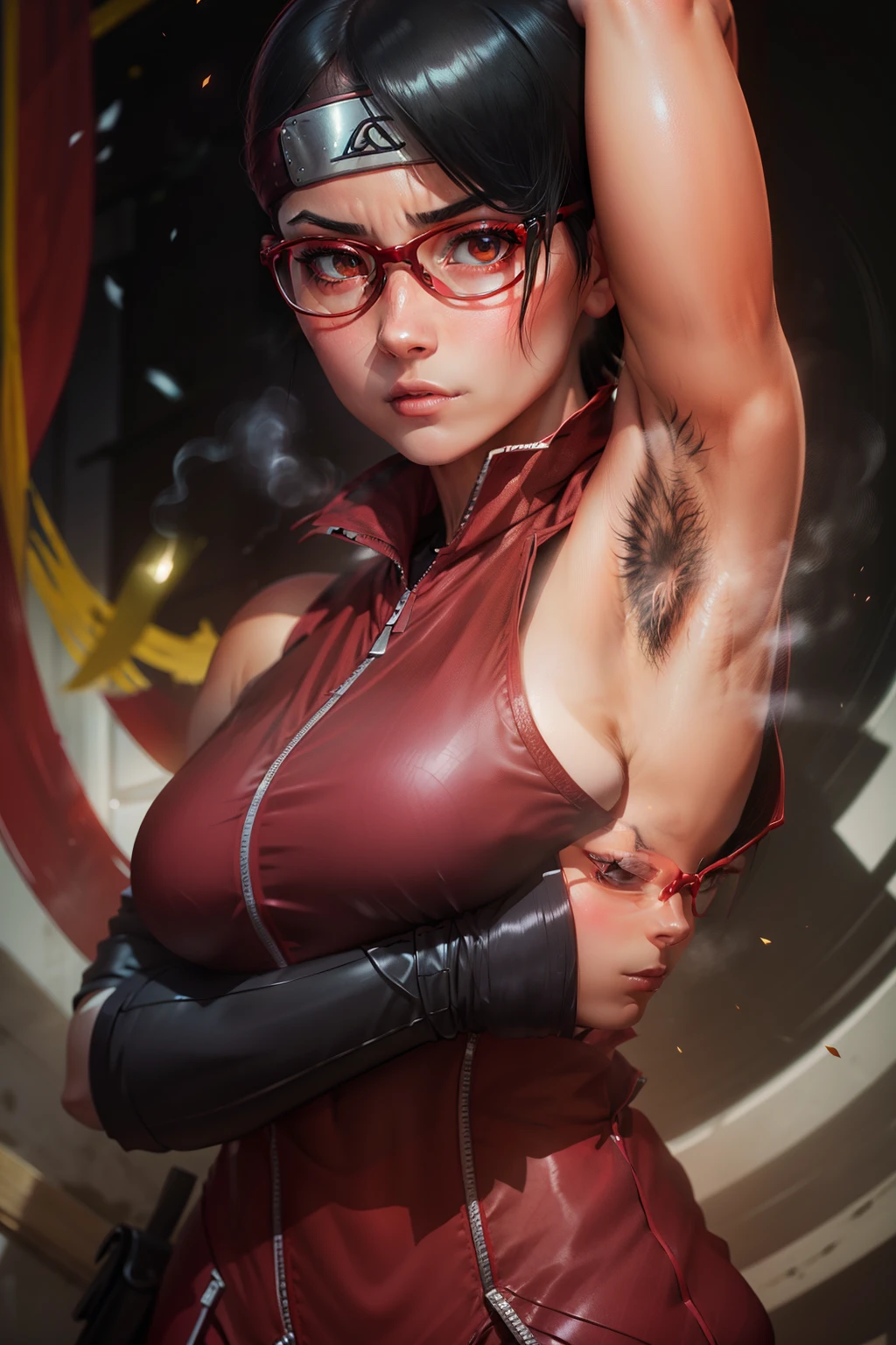 (highres,masterpiece:1.2),ultra-detailed,realistic,professional,beautiful detailed eyes,beautiful detailed lips,dark hair,short black hair,red glasses,stunning black eyes,clear skin,18-year-old girl,fashionable short hairstyle,vibrant red glasses,Shinobi Academy,fierce determination,confident posture,crimson outfit, background filled with ninjutsu techniques,shadows cleverly accentuating her features,subtle studio lighting,sublime realism,striking color tones, arm up, hairy armpits,