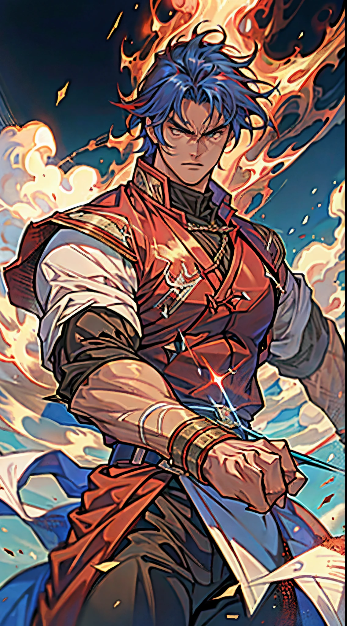 a young man, deep blue short hair, dense and voluminous spiky hairstyle, two long hair bangs, an arrogant demeanor, a fierce gaze, brown skin, simple solid-colored traditional Chinese clothing, a red belt, flowing hem, red wrist guards, coarse cloth trousers, the surrounding air distorts due to intense heat, the background depicts a volcanic crater erupting with molten lava, this character embodies a finely crafted fantasy-style martial arts in anime style, exquisite and mature manga art style, high definition, best quality, highres, ultra-detailed, ultra-fine painting, extremely delicate, professional, anatomically correct, symmetrical face, extremely detailed eyes and face, high quality eyes, creativity, RAW photo, UHD, 8k, Natural light, cinematic lighting, masterpiece-anatomy-perfect, masterpiece:1.5