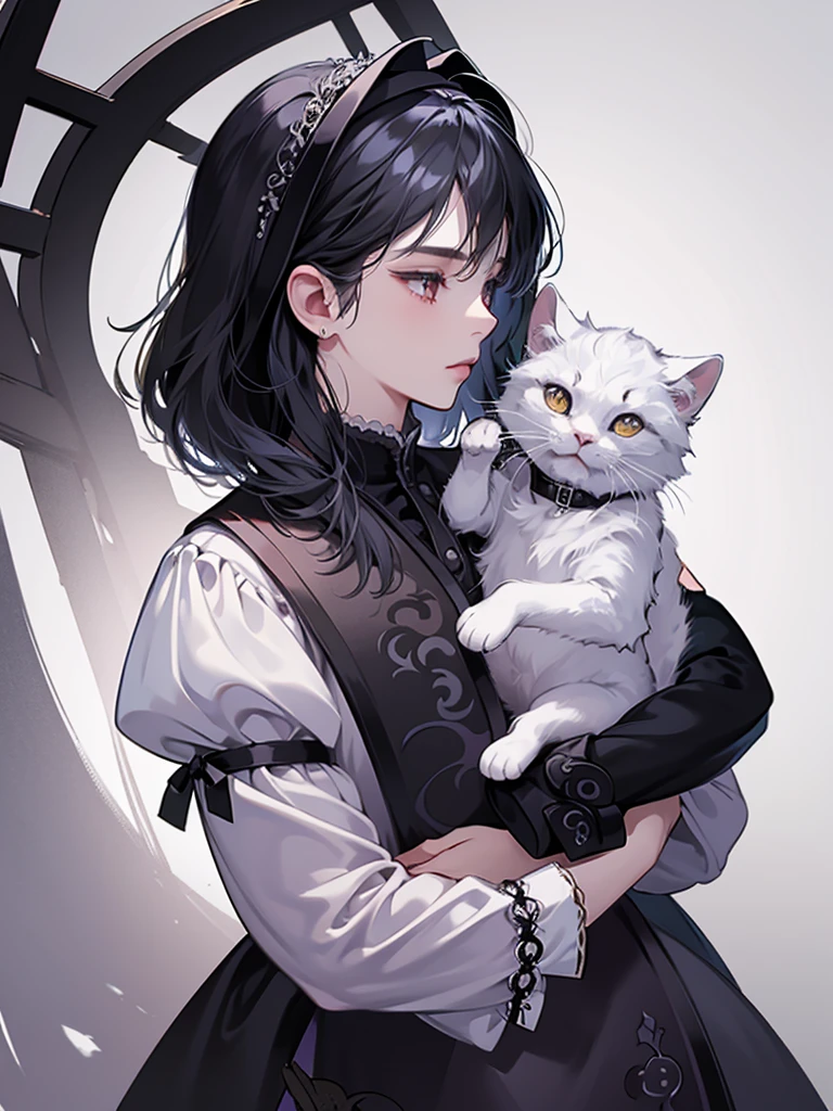 A boy in a baroque dress is holding a white cat in his arms. He is cute and handsome. His black and white dress is delicate and romantic, Gothic dark style, surrealist animal illustration, Meiji art, black painting, rich layers, realistic figurative painting, realistic hyperdetail portrait style, New Traditional Japan, Aaron Yasinski, Gothic grandeur, soft edges, dark romantic illustrations