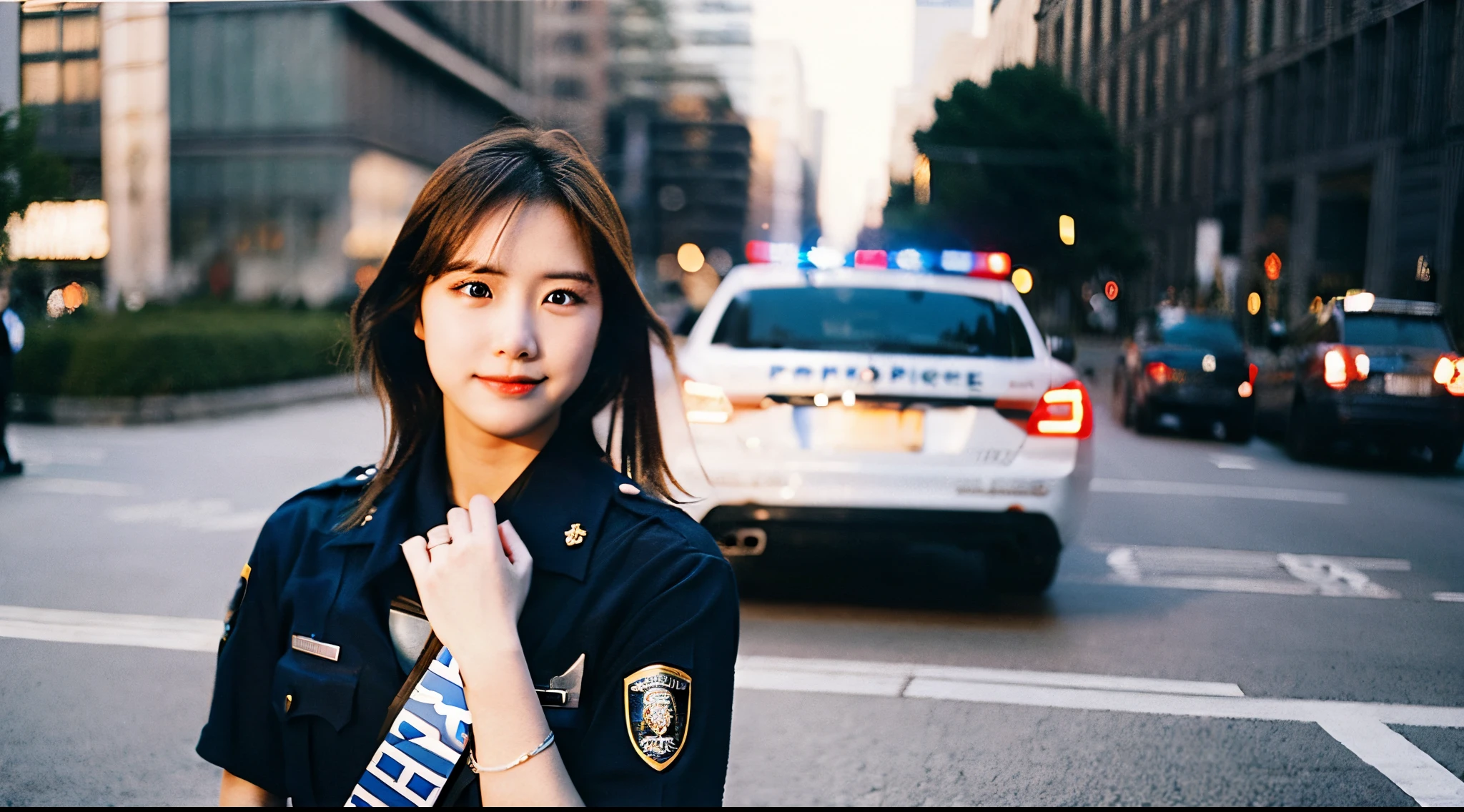 A beautiful 18-year-old police officer in a black miniskirt