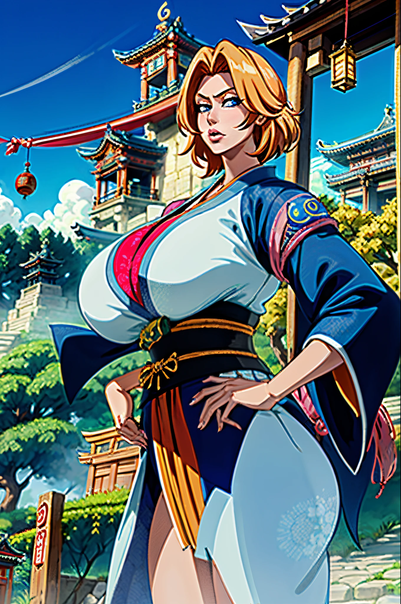 1fille, (seulement:1.2), (Masterpiece:1.2), (Best quality:1.2)
Eigaka, (seins gigantesques:1.4), (bursting breasts:1.5), Sinueuse, voluptueux, Exaggerated proportions, Grande femme
(Tir de cowboy:1.5), (interagir avec son environnement:1.35), (attentive:1.2), Matsumoto Rangiku, cheveux orange, cheveux longs, yeux bleus, huge breasts, japanese clothes, clivage, kimono, sash, (Petit temple shintoïste:1.3), jour, pierre, lanterne, Jinzya, cloture en corde, outside, arbres, nature,