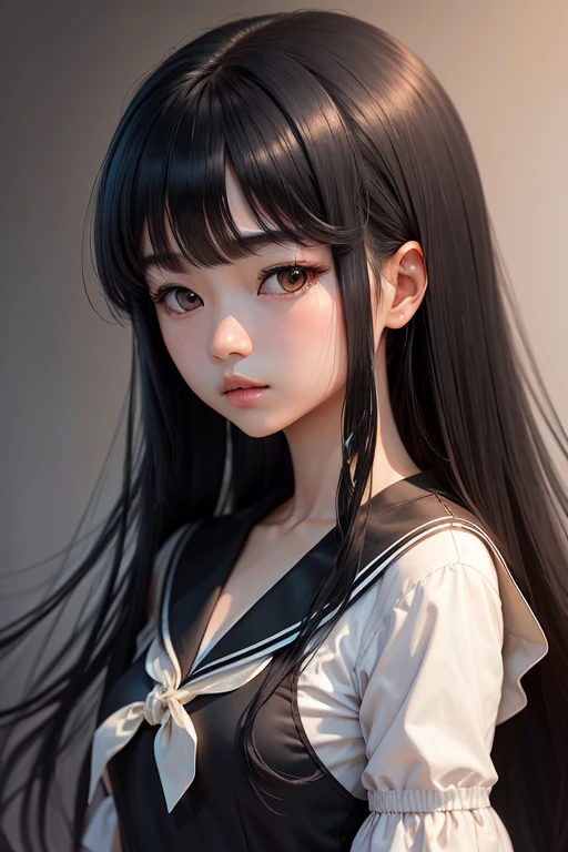 a sailor suit,Cover your chest and with your hands,Long straight black hair