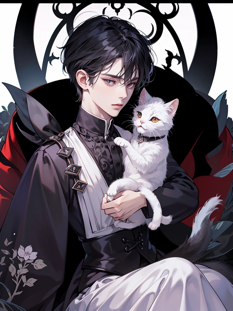 A boy in a baroque dress holds a white cat in his arms。He is cute and handsome。His black and white dress is exquisite and romantic，Gothic dark style，Surrealist animal illustration，Meiji art，Black painting，Rich in layers，Realistic figurative painting，Realistic ultra-detailed portrait style，neo-traditional japan，Aaron Yasinski，Gothic grandeur，Soft edges，Dark romantic illustration