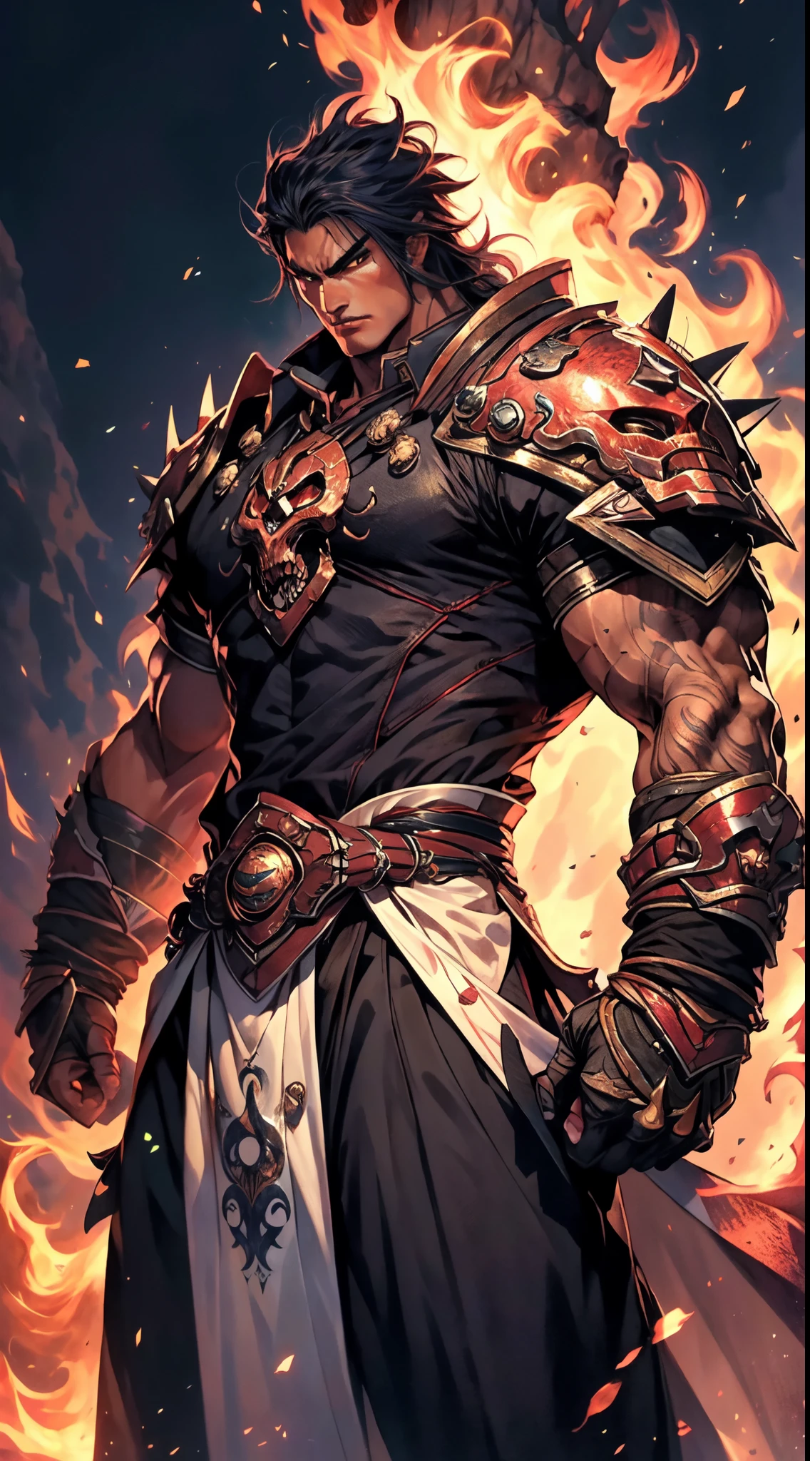a young man, deep blue short hair, dense and voluminous spiky hairstyle, two long hair bangs, an arrogant demeanor, a fierce gaze, brown skin, simple solid-colored traditional Chinese clothing, a red belt, flowing hem, red wrist guards, coarse cloth trousers, the surrounding air distorts due to intense heat, the background depicts a volcanic crater erupting with molten lava, this character embodies a finely crafted fantasy-style martial arts in anime style, exquisite and mature manga art style, high definition, best quality, highres, ultra-detailed, ultra-fine painting, extremely delicate, professional, anatomically correct, symmetrical face, extremely detailed eyes and face, high quality eyes, creativity, RAW photo, UHD, 8k, Natural light, cinematic lighting, masterpiece-anatomy-perfect, masterpiece:1.5