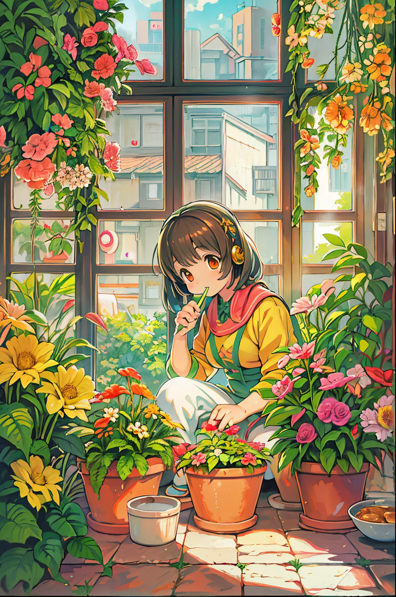masutepiece,Best Quality,masutepiece,Best Quality,Official art,the Extremely Detailed CG Unity 8K Wallpapers,Slight retro color,riso print style,Illustration,Cute,1girl in,Flowers,Window,flower pots,Eat curry