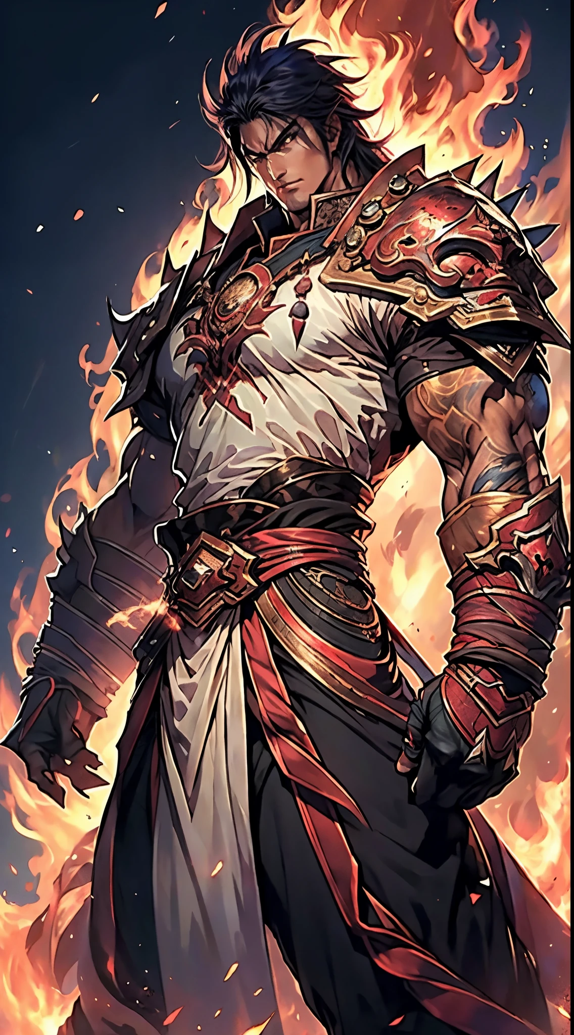 a young man, deep blue short hair, dense and voluminous spiky hairstyle, two long hair bangs, an arrogant demeanor, a fierce gaze, brown skin, simple solid-colored traditional Chinese clothing, a red belt, flowing hem, red wrist guards, coarse cloth trousers, the surrounding air distorts due to intense heat, the background depicts a volcanic crater erupting with molten lava, this character embodies a finely crafted fantasy-style martial arts in anime style, exquisite and mature manga art style, high definition, best quality, highres, ultra-detailed, ultra-fine painting, extremely delicate, professional, anatomically correct, symmetrical face, extremely detailed eyes and face, high quality eyes, creativity, RAW photo, UHD, 8k, Natural light, cinematic lighting, masterpiece-anatomy-perfect, masterpiece:1.5