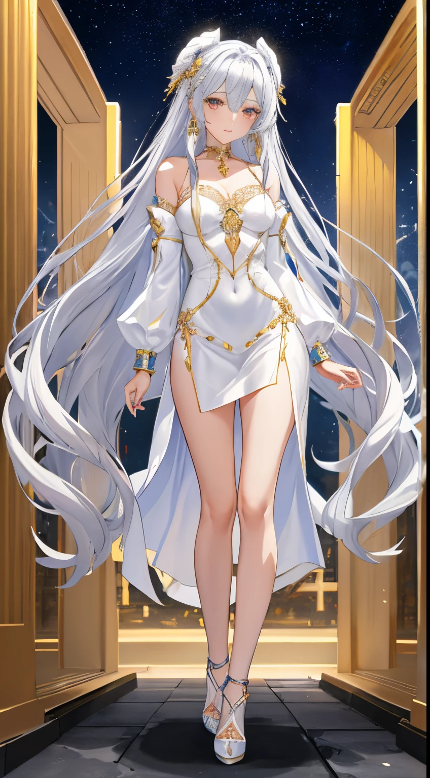 Long silver hair,Skyland Temple,Full body photo of the vista,(realisticlying:1.4),(tmasterpiece,forward lighting,Elaborate beautiful eyes:1.2),tmasterpiece*sportrait,realisticlying,3D 脸,glowing light eyes,shinny hair,Glossy glossy skin,独奏,embarressed,(hason),absolute_cleavage,choker necklace,sapphire_earrings,golden clothing,white clothing silk fabric,Sexy flat chest,Long silver hair