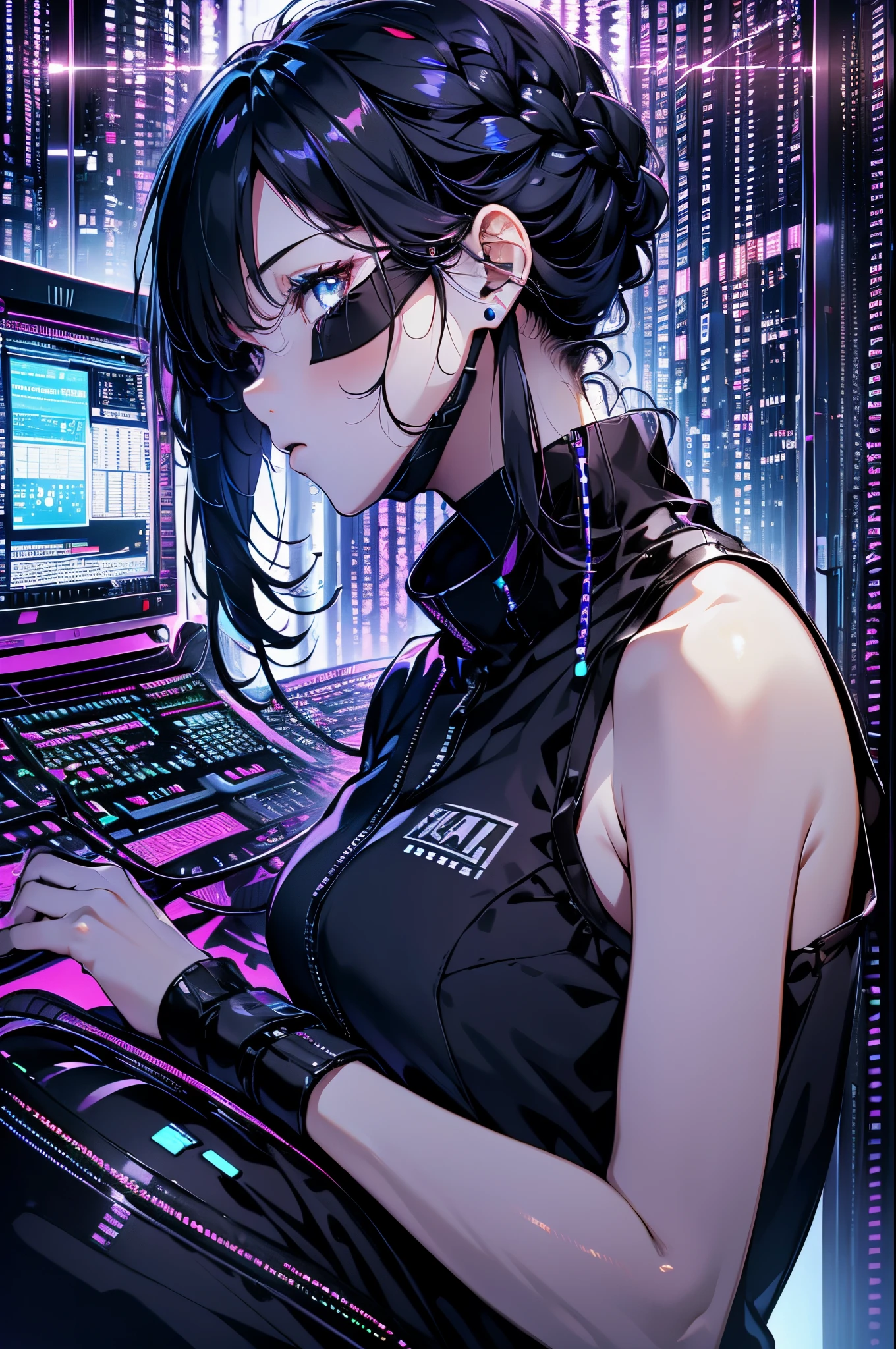 Very young girl, Black mask, White skin, code on computer, hacker style, Curve,sitting on、Seen from the side、deep purples, Dark, hair braid around ears, Dark blue hair, (((black masks)))、cables, Retro, Cyberpunk, data center background, dark purple theme, nightcity、thigh maximum quality、Big