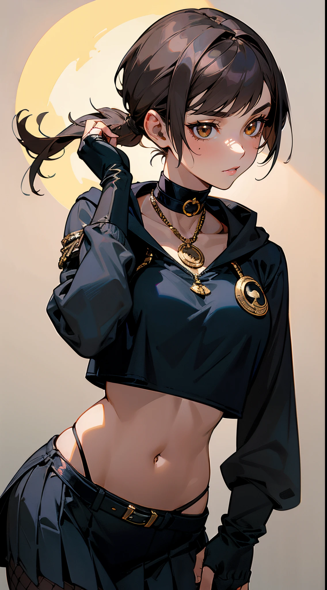 Beautiful woman , short hair , brown hair , hair in a ponytail , brown eyes , scar on cheek , wearing a hood, age 25 ,
She wears a black crop top adorned with a silver crescent moon emblem, high-waisted, pleated skirt in a deep navy blue, The skirt features silver accents, black fishnet tights, silver choker featuring a miniature moon locket, fingerless gloves in black leather,
(masterpiece, best quality )detailed, 1Character , washed out colors , cell shade , soft, muted shades ,gentle colors ,