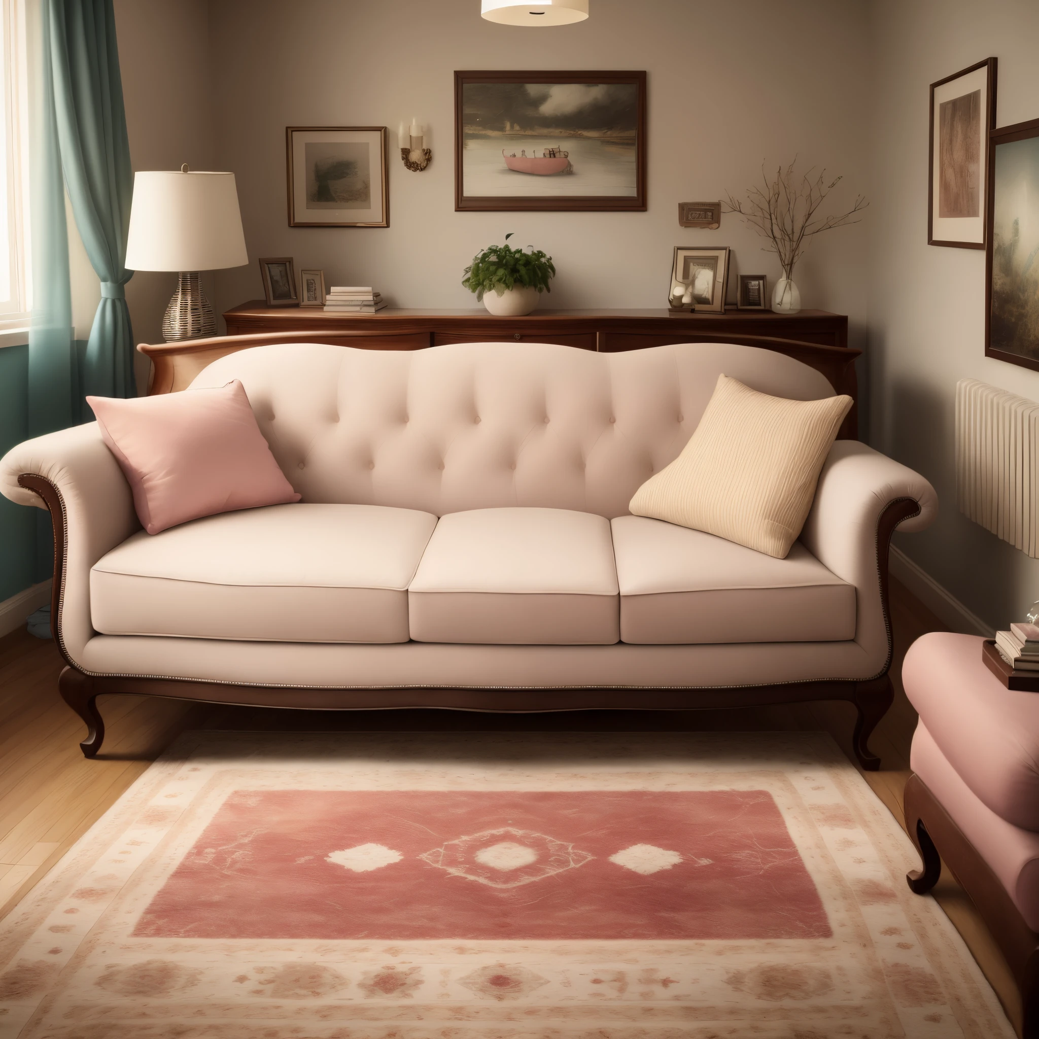 A living room with a beige sofa and a baby pink rug
