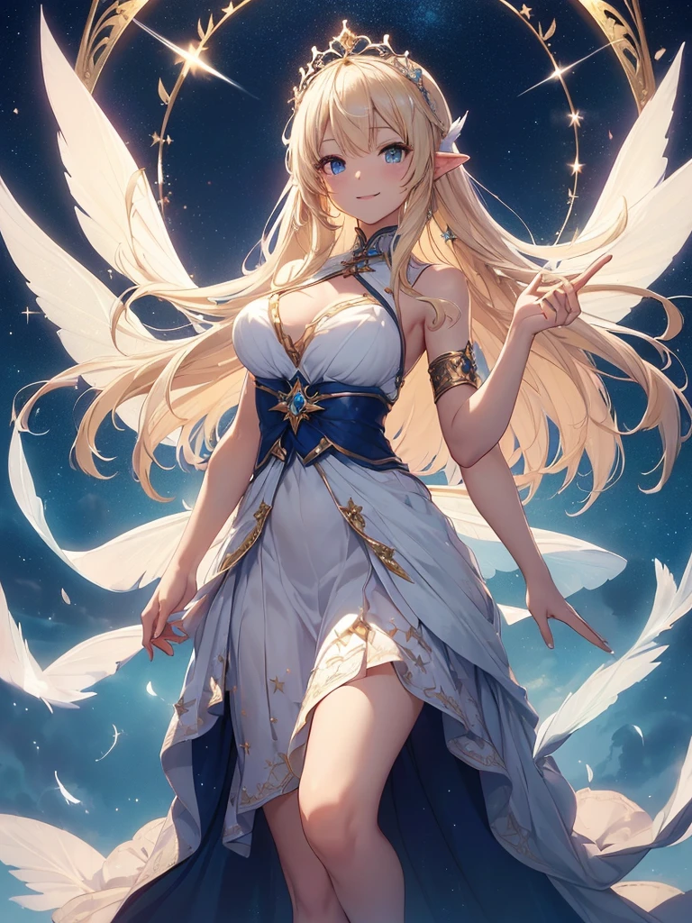 top-quality、Top image quality、​masterpiece、Full body naked girl((20yr old、Best Bust、big bast、Bust 90,Beautiful blue eyes、,Blonde long hair、A slender、a closeup、Esbian、Floating in the light、beautiful tiara、hiquality、Beautiful Art、Background with((starrysky)))masutepiece、visualart、depth of fields、sky at night、low angles、、Elven ears、、light magic、kosmos、mid night、harp melody🎵、Happy smile、Gentle light、Emitting a magical light、、Beautiful skins、beutiful breast、beautiful foot、welcome、、accurate fingers、Exact finger count、nffsw,NSFW,Completely naked、I'm not wearing underwear、、A sexy、Mystical　flying though the air、