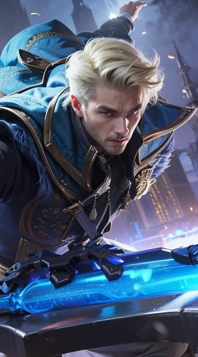 European man, knight, looking shape, gold hair, blue shine sword