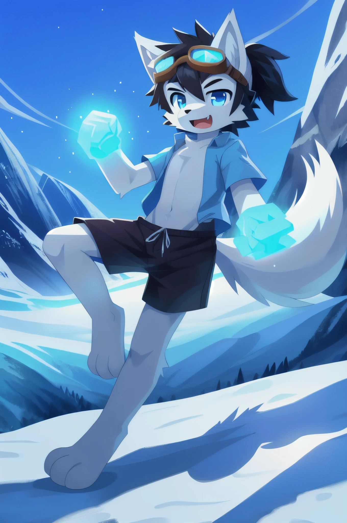 Furry shota, Young, wolf, black hair, long spiky ponytail, blue eyes, detailed body fur, blue hawaiian shirt, open clothes, black swim trunks, goggles, masterpiece, looking at you, fangs, clear grey body fur, detailed face, big eyebrows, detailed eyes, detailed body, detailed body fur, detailed hands, flat body, glistering body, shiny body, skinny, snow field, mountain, clear sky, sassy face, :3, open mouth, perfect lighting, perfect shadows, perfect eyes, perfect hair, perfect face, gorgeous body, full body, feets whit three toes, ice fist, ice magic, ice particles, action stance, ice hand,