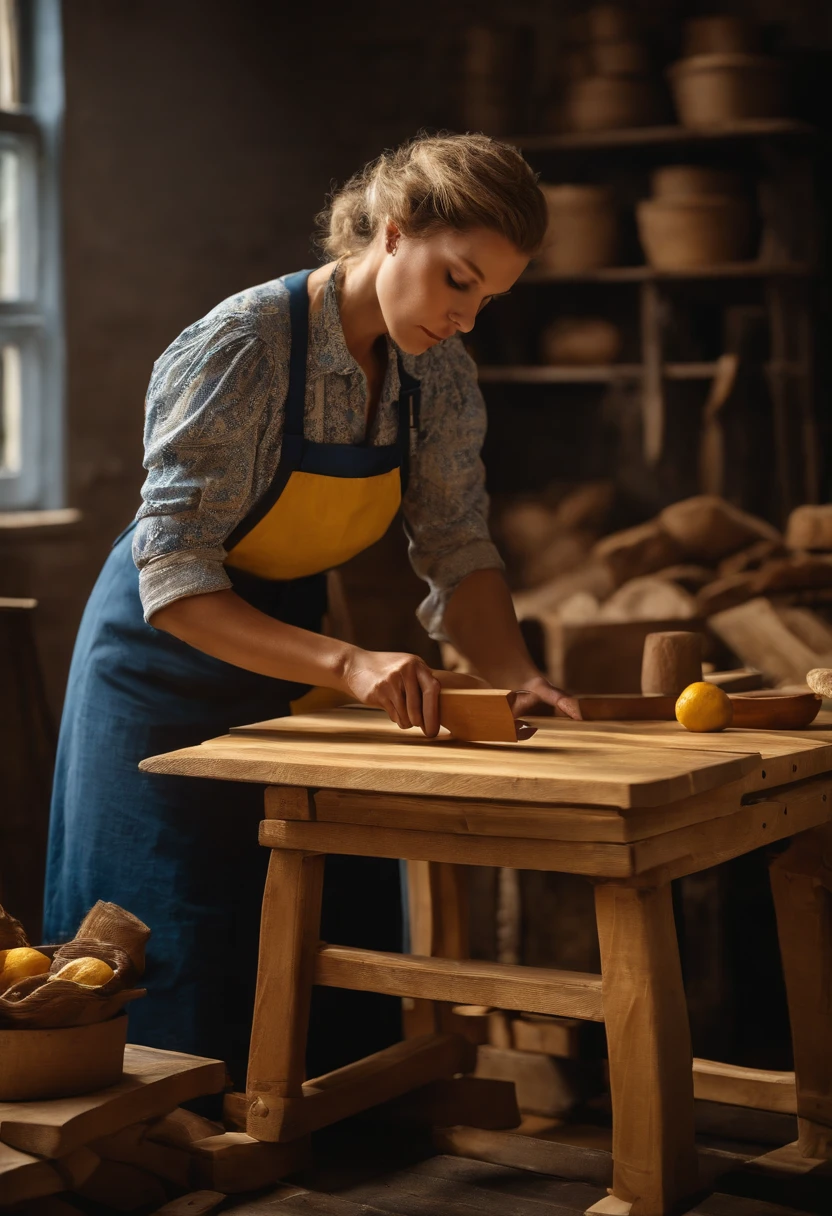 An image of the character carefully measuring and cutting a wooden plank, with a stack of precut pieces beside them.,original,Very swedish! Blue and yellow. Absolutely Scandinavian. Very hot. Very beautiful.