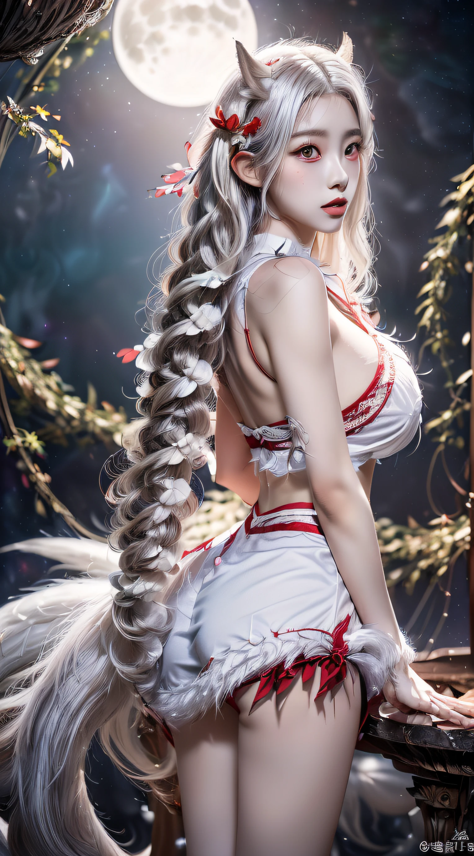 ((Magic background with full big round moon))),((legs apart shot)),(((21 year old Korean woman with long wavy white hair ))),(((A white and red costume))),(((nine tailed fox sexy costume))),((many white tails on the butt)),(perfect faces, perfect  eyes, Perfect nose, Perfect mouth, Medium Tits, 3D Magic Effect,Ultra High Definition, Reality,),Breast exposure