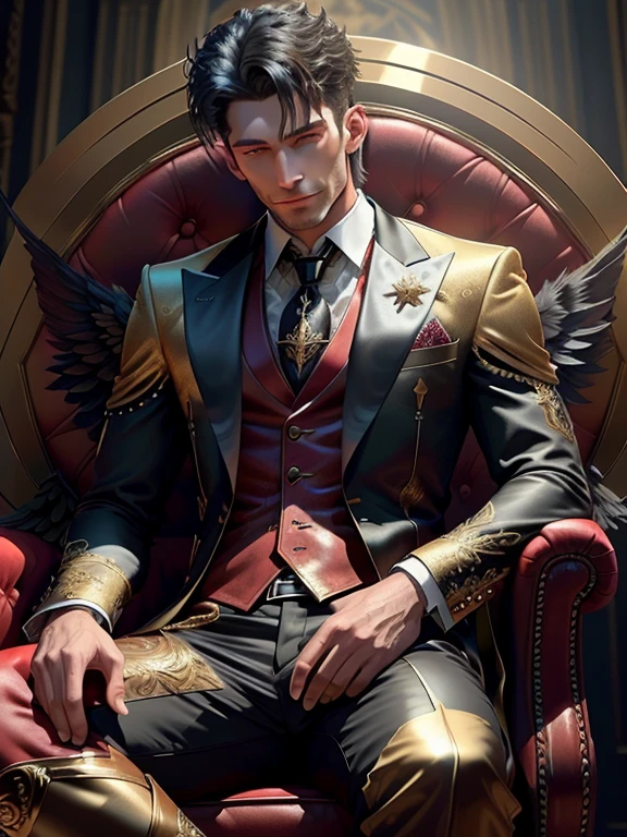 (8k, best quality, masterpiece:), Lucifer Morningstar, one masculine British male angel with dark hair, mischievous smile, flaming wings, devil, fallen angel, flames in background, details, dark suit, club theme, 1:1 ratio, sitting on a throne drinking whiskey, details, realistic