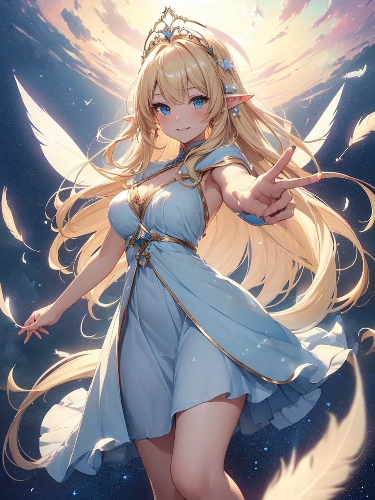 top-quality、Top image quality、masterpiece、Full body naked girl((20yr old、Best Bust、big bast、Bust 90,Beautiful blue eyes、,Blonde long hair、A slender、Fairy feathers、flying though the air、sideways Facing、full body Esbian、Floating in the light、beautiful tiara、hiquality、Beautiful Art、Background with((starrysky)))masutepiece、visualart、depth of fields、sky at night、、 、low angles、、Elven ears、Feathers glow in iridescent colors、light magic、kosmos、mid night、harp melody🎵、Fun Concerts、Happy smile、Gentle light、Emitting a magical light、Dancing hard、white dres、Beautiful skins、beutiful breast、beautiful foot、raise both arm、Greet them with outstretched arms、welcome、、accurate fingers、Exact finger count、long skirt
