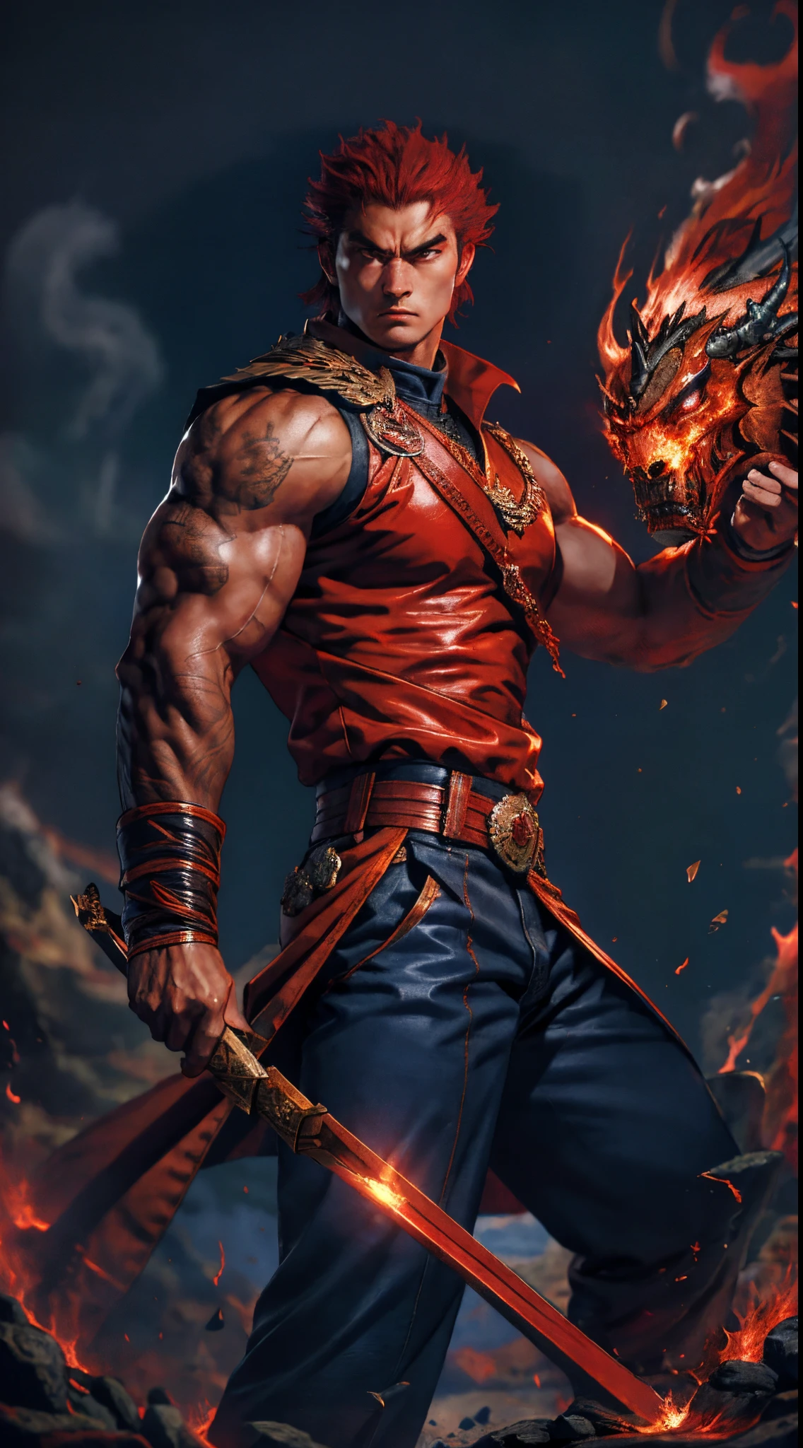 a young man, deep blue short hair, dense and voluminous spiky hairstyle, two long hair bangs, an arrogant demeanor, a fierce gaze, brown skin, simple solid-colored traditional Chinese clothing, a red belt, flowing hem, red wrist guards, coarse cloth trousers, the surrounding air distorts due to intense heat, the background depicts a volcanic crater erupting with molten lava, this character embodies a finely crafted fantasy-style martial arts in anime style, exquisite and mature manga art style, high definition, best quality, highres, ultra-detailed, ultra-fine painting, extremely delicate, professional, anatomically correct, symmetrical face, extremely detailed eyes and face, high quality eyes, creativity, RAW photo, UHD, 8k, Natural light, cinematic lighting, masterpiece-anatomy-perfect, masterpiece:1.5