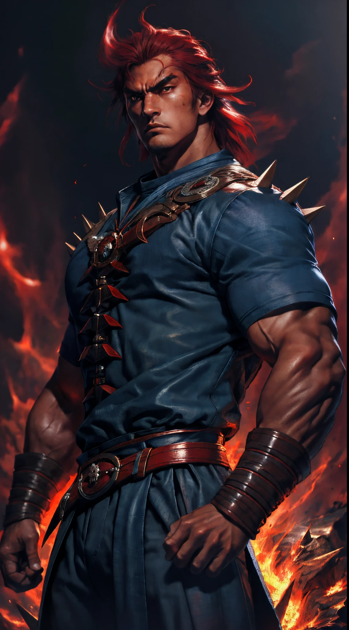 a young man, deep blue short hair, dense and voluminous spiky hairstyle, two long hair bangs, an arrogant demeanor, a fierce gaze, brown skin, simple solid-colored traditional Chinese clothing, a red belt, flowing hem, red wrist guards, coarse cloth trousers, the surrounding air distorts due to intense heat, the background depicts a volcanic crater erupting with molten lava, this character embodies a finely crafted fantasy-style martial arts in anime style, exquisite and mature manga art style, high definition, best quality, highres, ultra-detailed, ultra-fine painting, extremely delicate, professional, anatomically correct, symmetrical face, extremely detailed eyes and face, high quality eyes, creativity, RAW photo, UHD, 8k, Natural light, cinematic lighting, masterpiece-anatomy-perfect, masterpiece:1.5