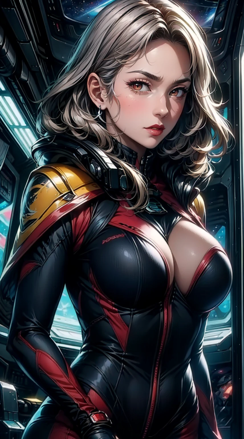 (masterpiece), 1girl, solo, best quality, expressive eyes, perfect face, upper body, beautiful face, mature woman, focused, beautiful eyes, orange eyes, medium grey hair, brown skin, spaceship, bodysuit, sci-fi, space, stars, front view, close up, pink lipstick, crystal necklace, pink blush, facing viewer, grown up woman , mature face