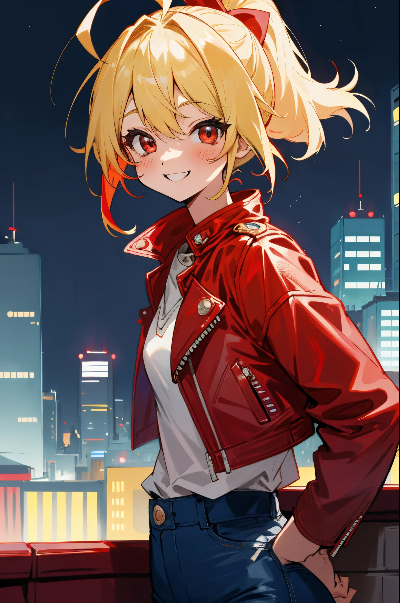 1girll、独奏、colourfull、upper body bromide、Blonde ponytail、Ahoge、big round red eyes、small tits、red leather rider jacket、Blue jeans pants、A smile、Laugh、Building rooftop、Night view