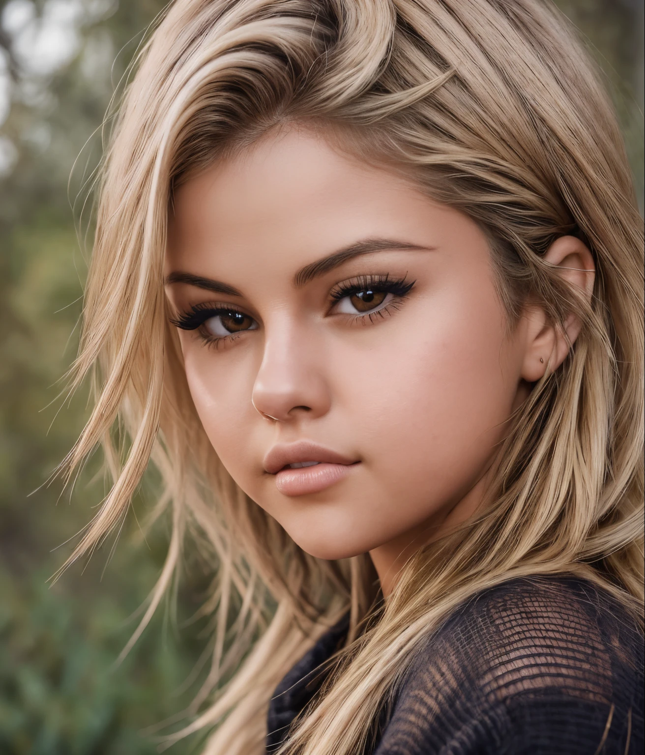 high quality,photo of Selena Gomez,best quality,ultra-detailed,portraits,beautiful detailed eyes,beautiful detailed lips,blonde hair,soft lighting,black sweater