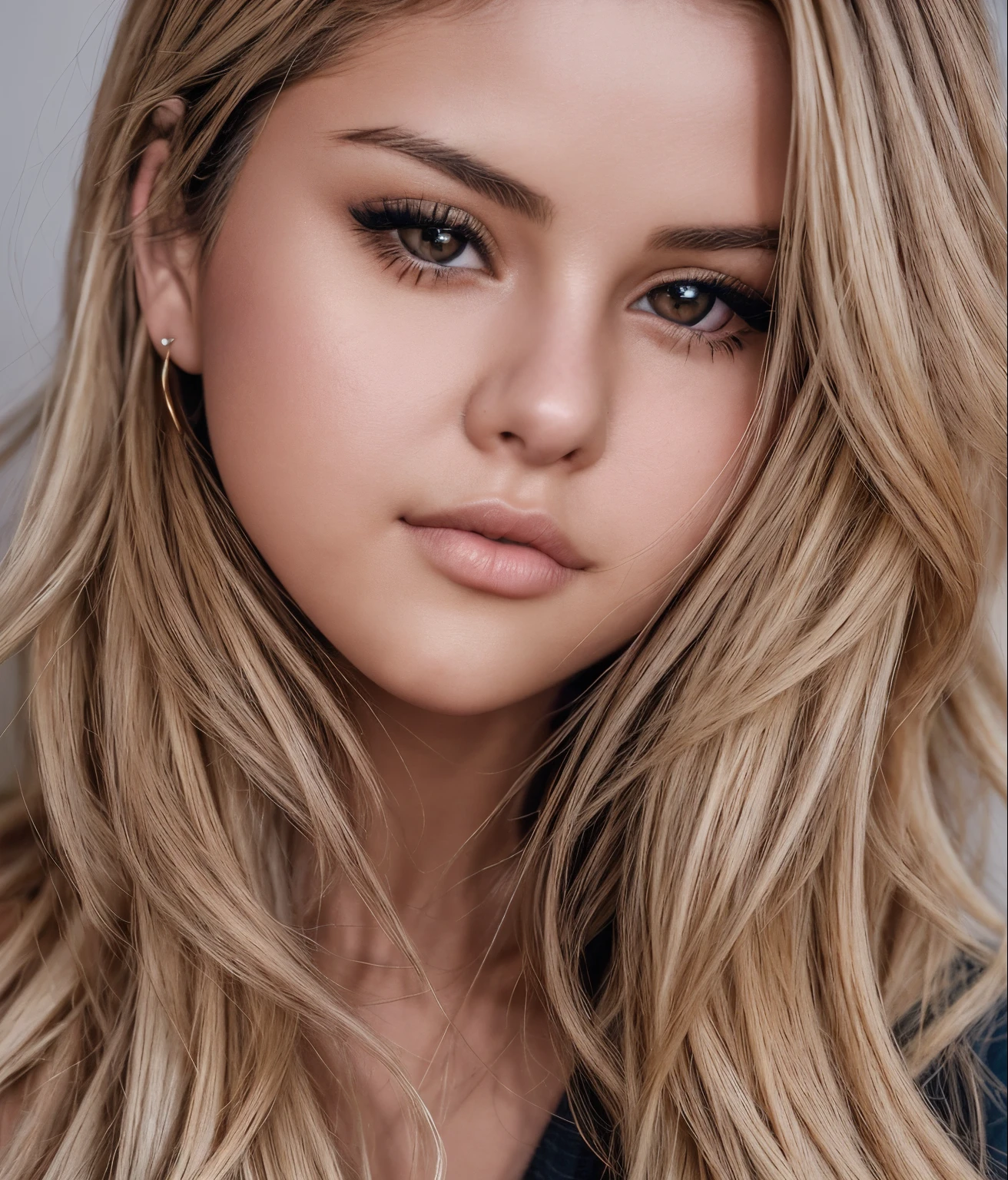 high quality,photo of Selena Gomez,best quality,ultra-detailed,portraits,beautiful detailed eyes,beautiful detailed lips,blonde hair,soft lighting,black sweater