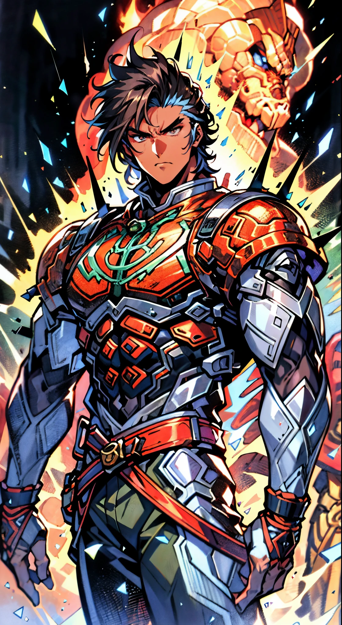 a young man, deep blue short hair, dense and voluminous spiky hairstyle, two long hair bangs, an arrogant demeanor, a fierce gaze, brown skin, simple solid-colored traditional Chinese clothing, a red belt, flowing hem, red wrist guards, coarse cloth trousers, the surrounding air distorts due to intense heat, the background depicts a volcanic crater erupting with molten lava, this character embodies a finely crafted fantasy-style martial arts in anime style, exquisite and mature manga art style, high definition, best quality, highres, ultra-detailed, ultra-fine painting, extremely delicate, professional, anatomically correct, symmetrical face, extremely detailed eyes and face, high quality eyes, creativity, RAW photo, UHD, 8k, Natural light, cinematic lighting, masterpiece-anatomy-perfect, masterpiece:1.5