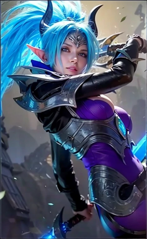 looking shape, blue hair, blue shine sword, elf ear, yellow eyes,