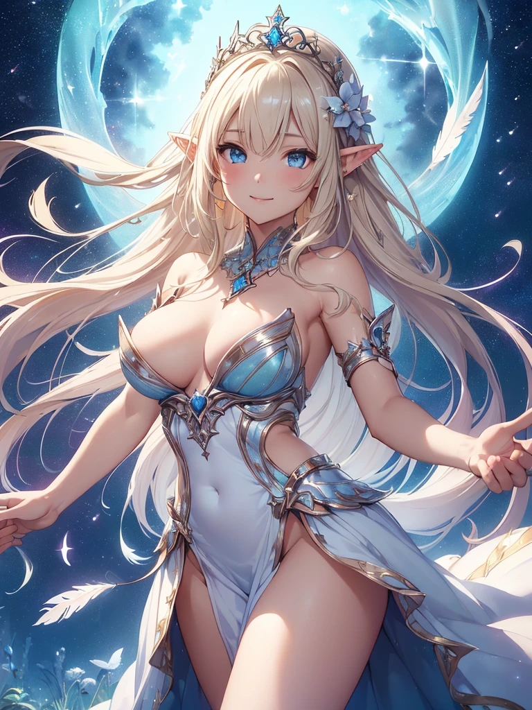 top-quality、Top image quality、masterpiece、Full body naked girl((20yr old、Best Bust、big bast、Bust 90,Beautiful blue eyes、,Blonde long hair、A slender、Fairy feathers、flying though the air、sideways Facing、a closeup、Esbian、Floating in the light、beautiful tiara、hiquality、Beautiful Art、Background with((starrysky)))masutepiece、visualart、depth of fields、sky at night、、 、low angles、、Elven ears、Feathers glow in iridescent colors、light magic、kosmos、mid night、harp melody🎵、Fun Concerts、Happy smile、Gentle light、Emitting a magical light、Dancing hard、white dres、Beautiful skins、beutiful breast、beautiful foot、raise both arm、Greet them with outstretched arms、welcome、、accurate fingers、Exact finger count、Beautiful flower garden