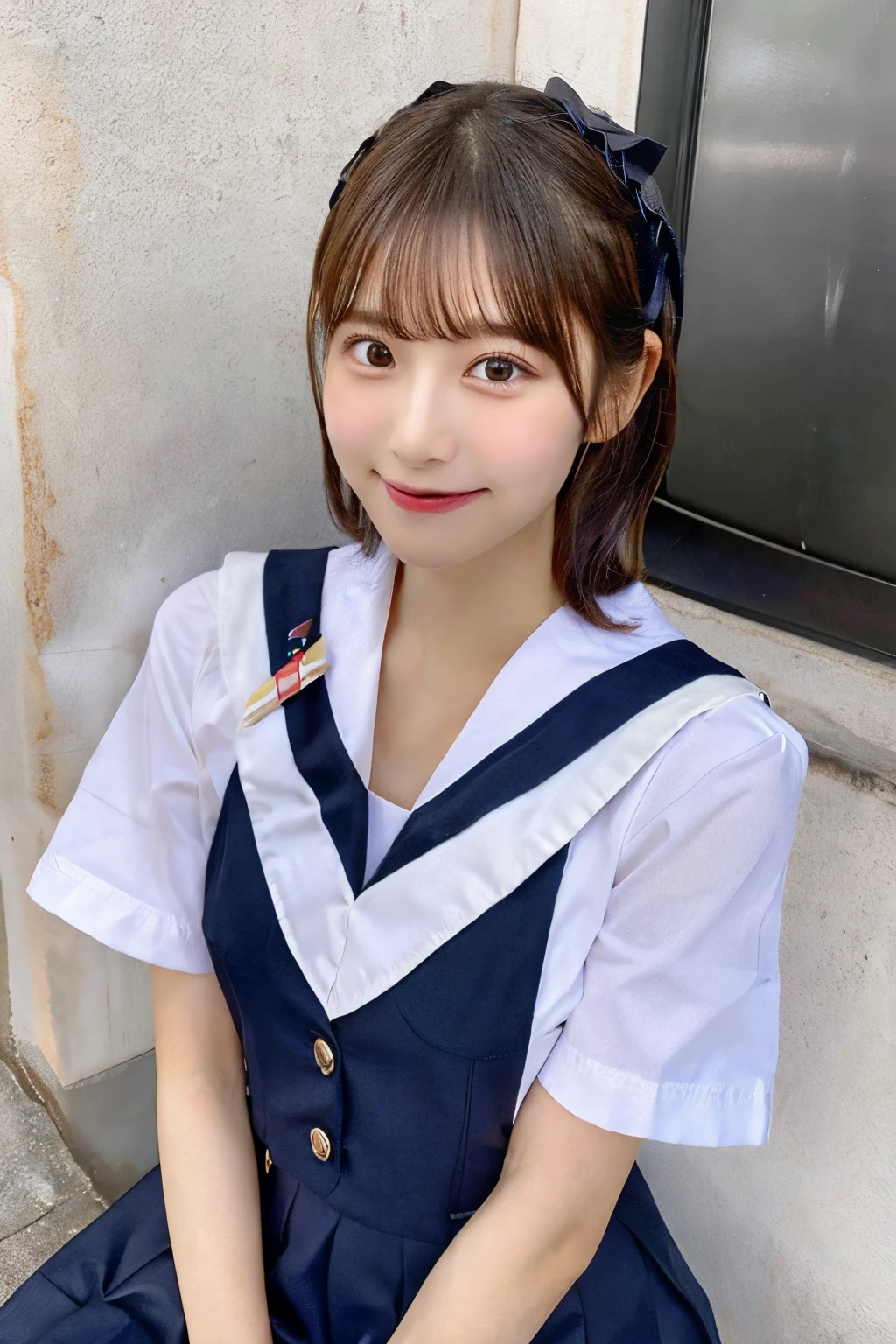 a closeup, masterpiece, top-quality, FULL ANATOMY、Raw foto, Photorealsitic、(Cute little face:1.9)、(Very cute smile:1.8)、(with round face:2)、(She looks like an idol and is cute:1.7), (A dark-haired)、(cute school uniform:1.7), depth of fields, hight resolution, ultra-detailliert, finely detail, ighly detailed, extremely detailed eye and face, Realistic pupils, foco nítido, Cinematic lighting、18-year-old woman、(One lady、Only one person、独奏、without background:1.9)、 (short-hair、short-haired:1.4)、Very detailed 8k wallpaper、Show me your whole body、Looking at the camera、(Too short plaid pleated skirt、I can see the white panties、Plump panties、Lift the hem of the skirt with both hands、Showing her panties to the camera:1.7)、Angle from below、(Thigh close-up:1.6)、(Nice figure、big breasts thin waist)、(Clothes with emphasized chest bulge、Colossal tits:1.5)、Background depth of field