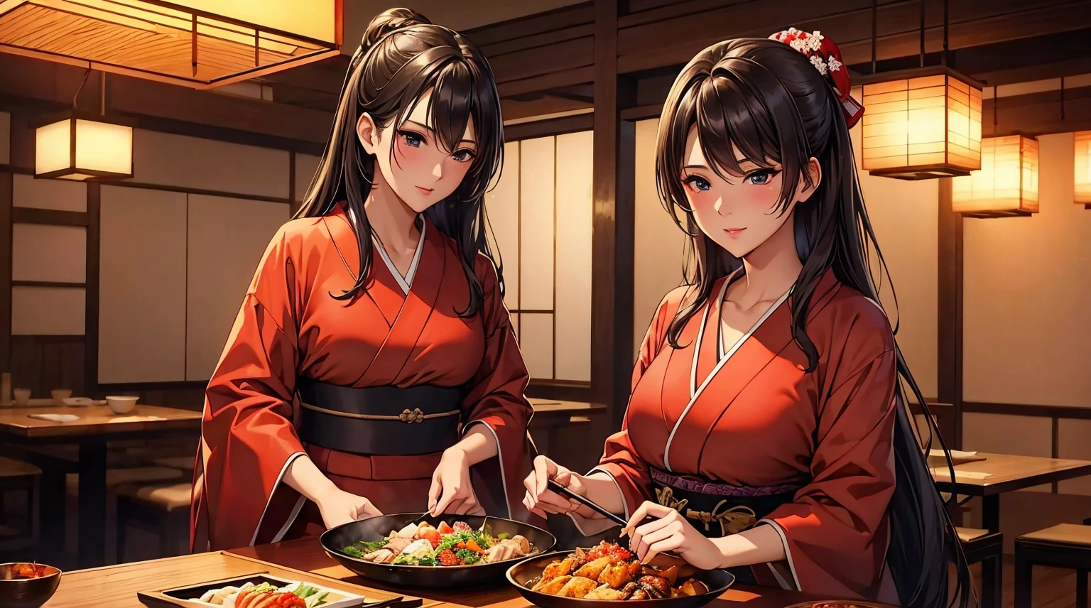 top-quality、​masterpiece、8K picture quality、Perfect beauty、Kappo kimono、Japanese restaurant、Cooking、kitchin、There is a charcoal fire、And food、japanese food、Japan restaurant、