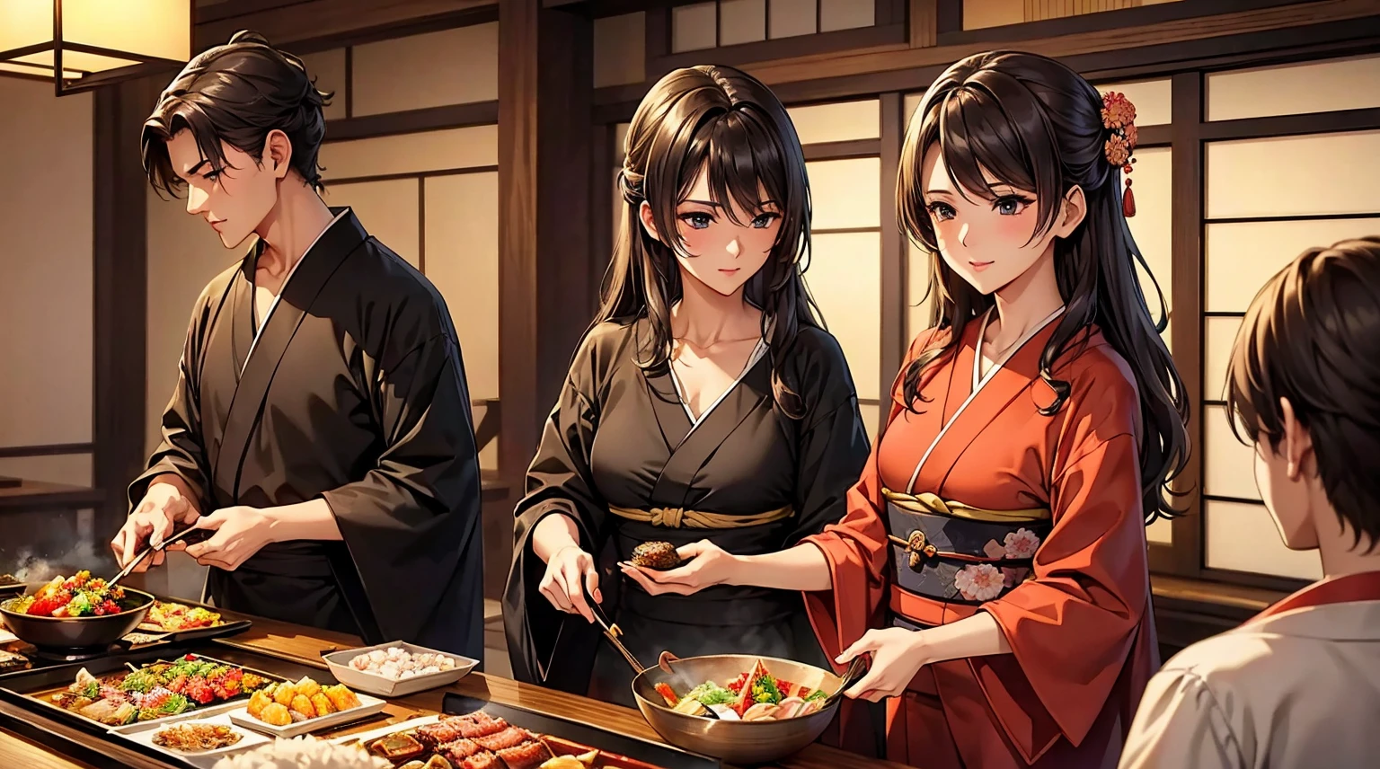 top-quality、​masterpiece、8K picture quality、Perfect beauty、Kappo kimono、Japanese restaurant、Cooking、kitchin、There is a charcoal fire、And food、japanese food、Japan restaurant、