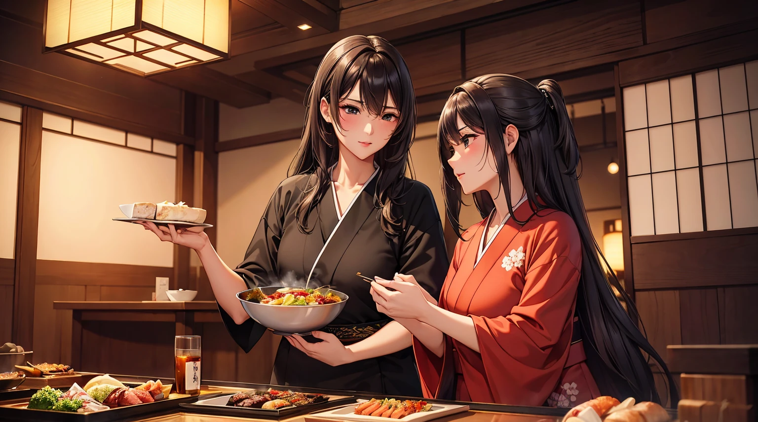 top-quality、​masterpiece、8K picture quality、Perfect beauty、Kappo kimono、Japanese restaurant、Cooking、kitchin、There is a charcoal fire、And food、japanese food、Japan restaurant、