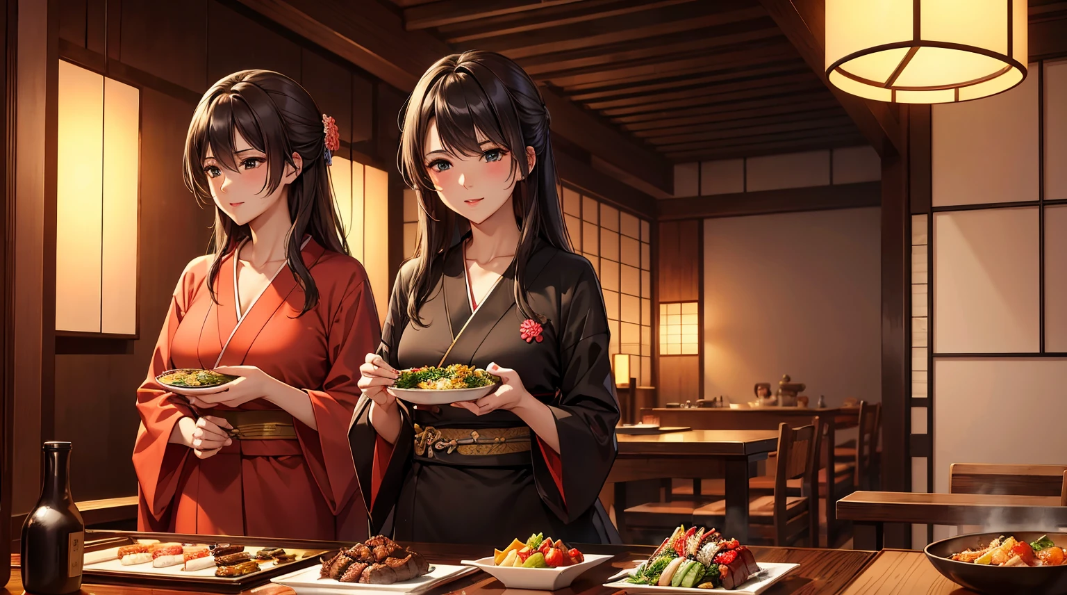 top-quality、​masterpiece、8K picture quality、Perfect beauty、Kappo kimono、Japanese restaurant、Cooking、kitchin、There is a charcoal fire、And food、japanese food、Japan restaurant、