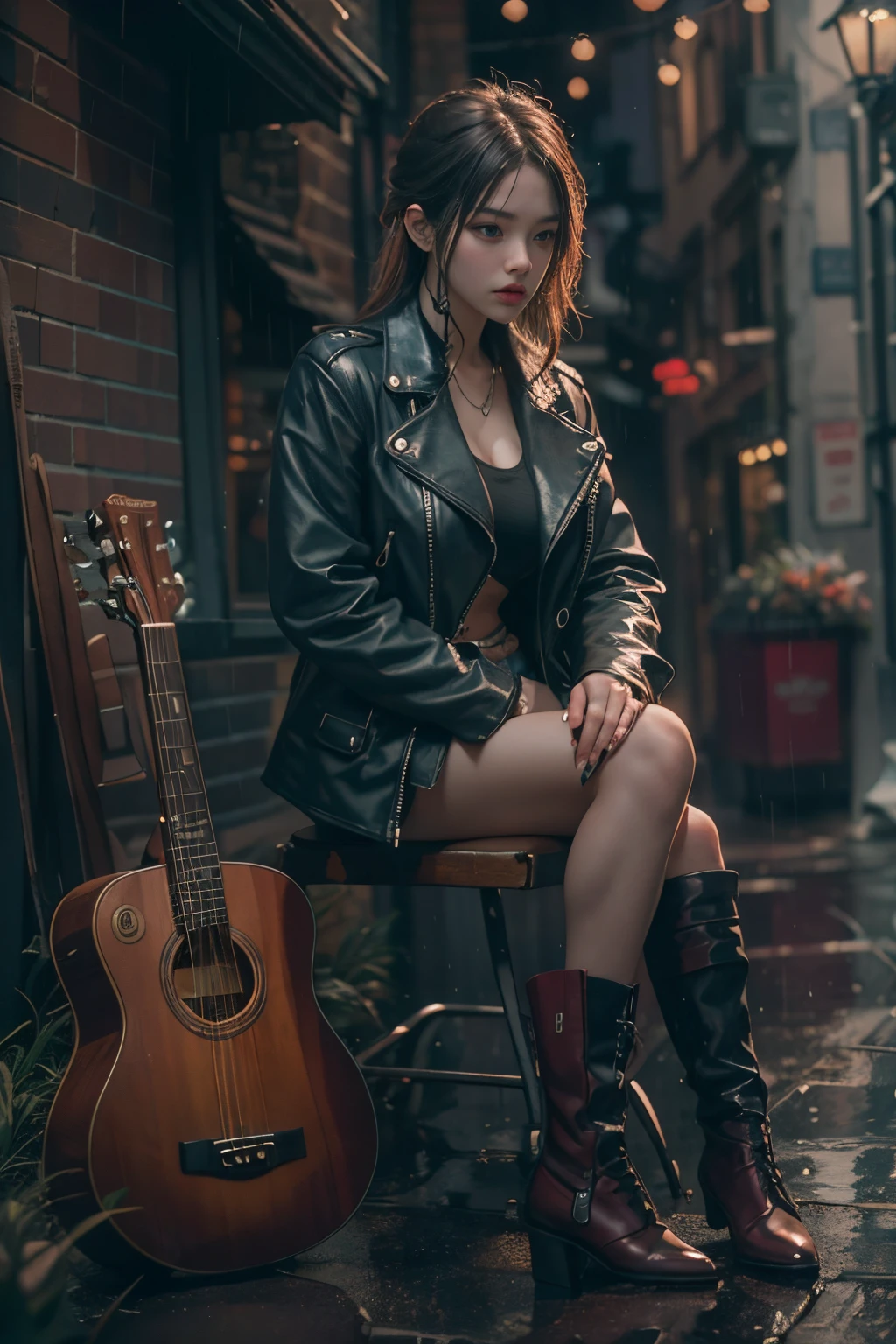 8k, top-quality, (pubic hair beauty)、hight resolution, 逼真, realperson, rainy backyard alley, London Style, Tangled, cinematic lighting soft lighting、A musician wearing a leather jacket is sitting and glaring at me.、a beauty girl、huge tit、beauty legs、guitar