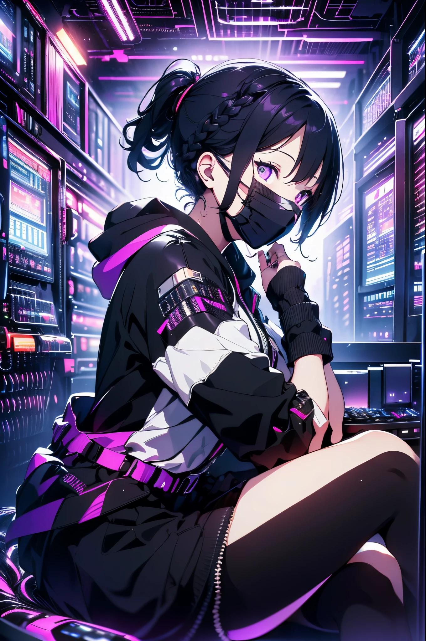 Very young girl, Black mask, White skin, code on computer, hacker style, Curve,sitting on、Seen from the side、Pale purple, Dark, hair braid around ears, Purple hair, (((black masks)))、cables, Retro, Cyberpunk, data center background, dark purple theme, nightcity、thigh maximum quality、Big