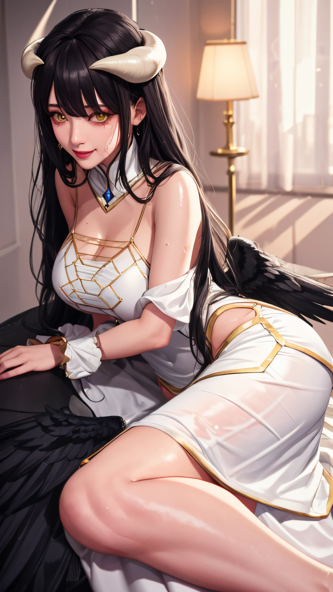 （（（albedo \(the good\), white horns, demonic horns, slit pupils，White dress, long  skirt，Black wings, Feathered wings，black color hair，Golden pupils，Fashionab））），((tmasterpiece)),A high resolution, ((Best quality))，tmasterpiece，top-quality，Best quality at best，（（（ exquisite facial features，looking at viewert,There is light in the eyes，Smilingly，self-assured ））），（（（Light and shadow interlace，huge boob，Lop，Protruding nipples））），（（（araf asian woman posing,  sweating body, Wet, 24 years old female model）））