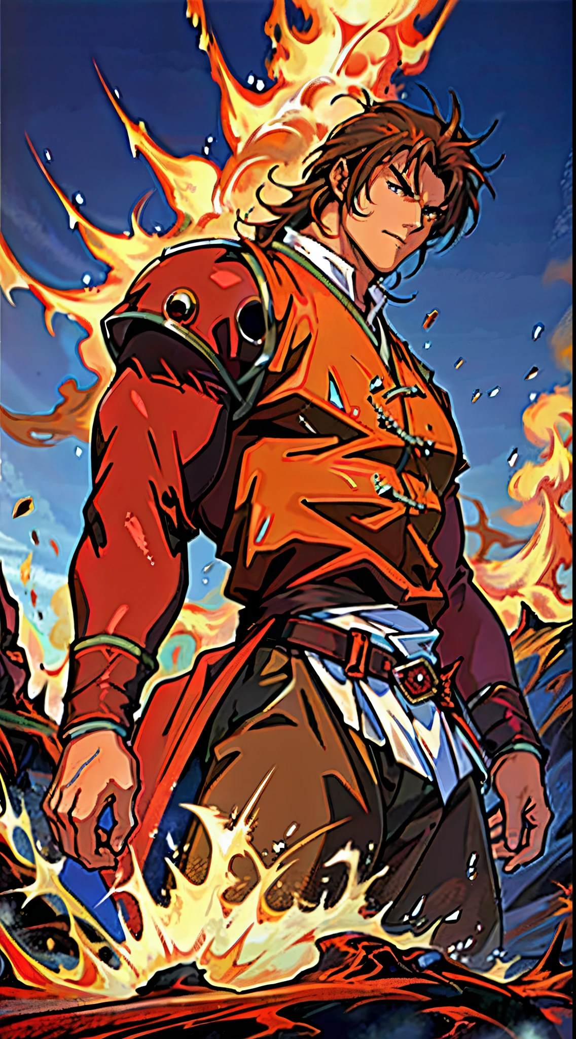 a young man, deep blue short hair, dense and voluminous spiky hairstyle, two long hair bangs, an arrogant demeanor, a fierce gaze, brown skin, simple solid-colored traditional Chinese clothing, a red belt, flowing hem, red wrist guards, coarse cloth trousers, the surrounding air distorts due to intense heat, the background depicts a volcanic crater erupting with molten lava, this character embodies a finely crafted fantasy-style martial arts in anime style, exquisite and mature manga art style, high definition, best quality, highres, ultra-detailed, ultra-fine painting, extremely delicate, professional, anatomically correct, symmetrical face, extremely detailed eyes and face, high quality eyes, creativity, RAW photo, UHD, 8k, Natural light, cinematic lighting, masterpiece-anatomy-perfect, masterpiece:1.5